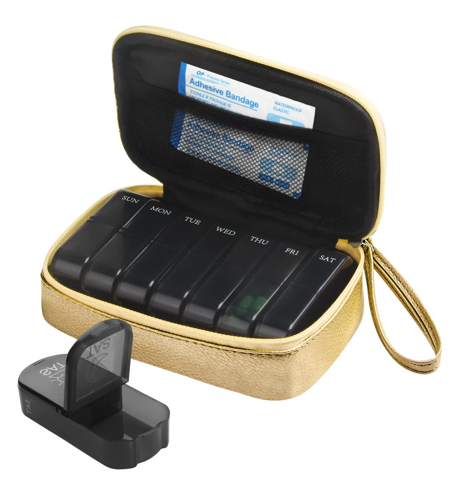 Pill Box 7 Day 2 Times a Day Weekly Organizer with Zipper Bag - BPA Free Travel Dispenser in Gold - Buy Online on GoSupps.com