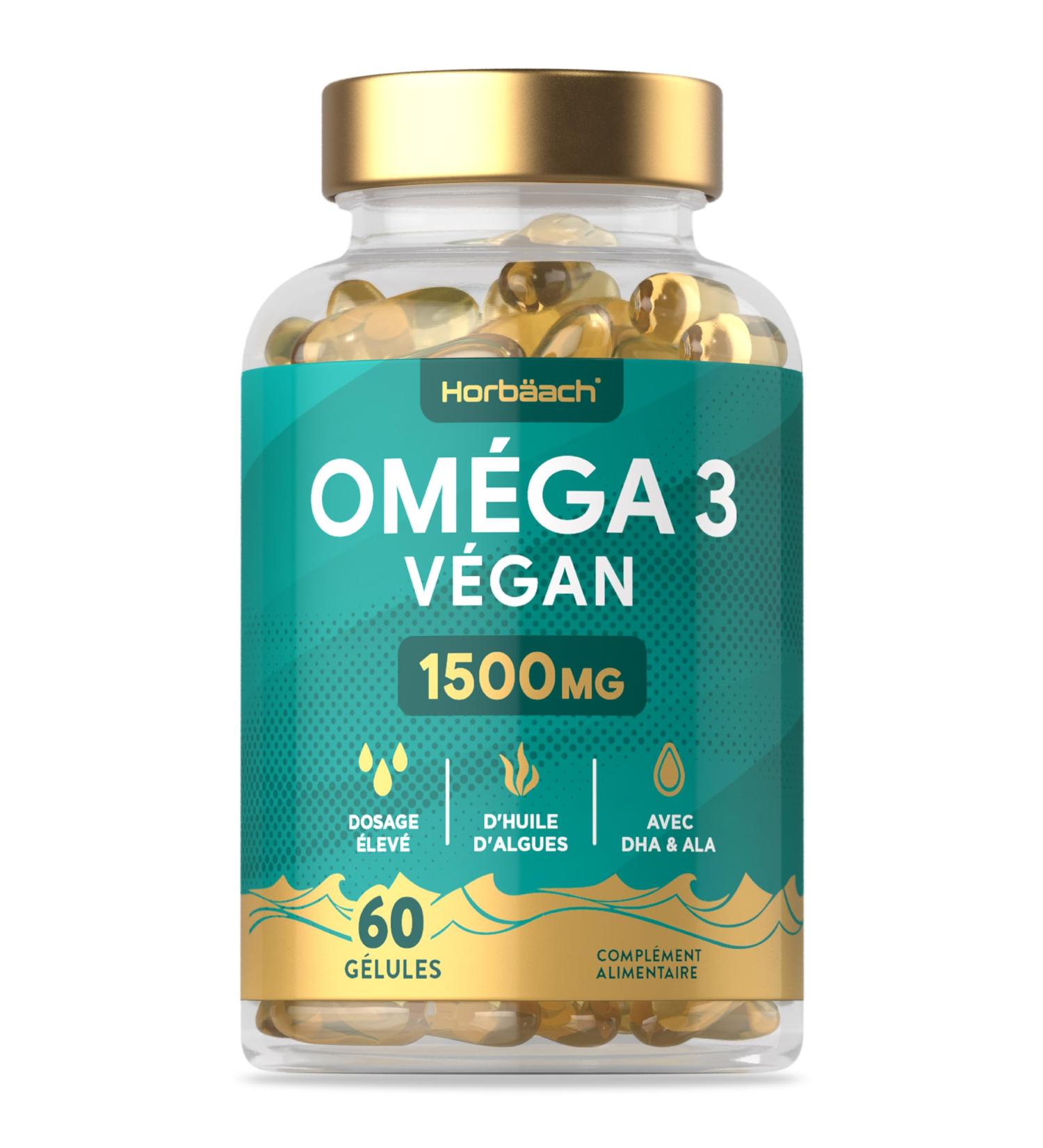 Omega 3 Vegan 1500mg | Algae Oil Derivative | Source of DHA & ALA | 60 Vegan Capsules | by Horbaach - Buy Online on GoSupps.com