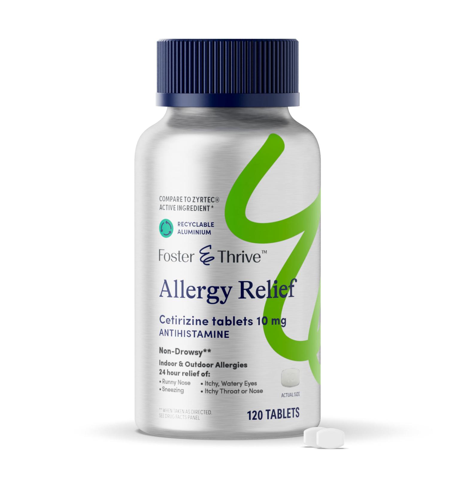 Foster & Thrive Cetirizine HCl 10mg Allergy Relief for Seasonal Allergies Pollen Hay Fever and Dry Itchy Eyes Non-Drowsy Antihistamine Medicine for Children or Adults Compare to Zyrtec - Buy Online on GoSupps.com