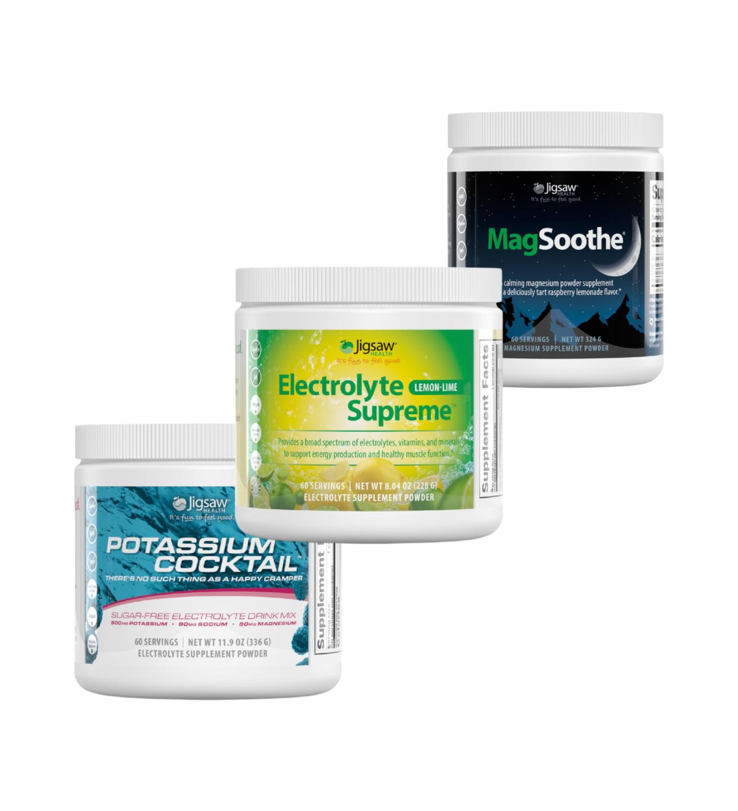 Jigsaw Pickleball Hydration Stack | Potassium Cocktail (Blue) Electrolyte Supreme (Lemon-Lime) and MagSoothe (Raspberry Lemonade) 60 Servings (Jar) - Buy Online on GoSupps.com
