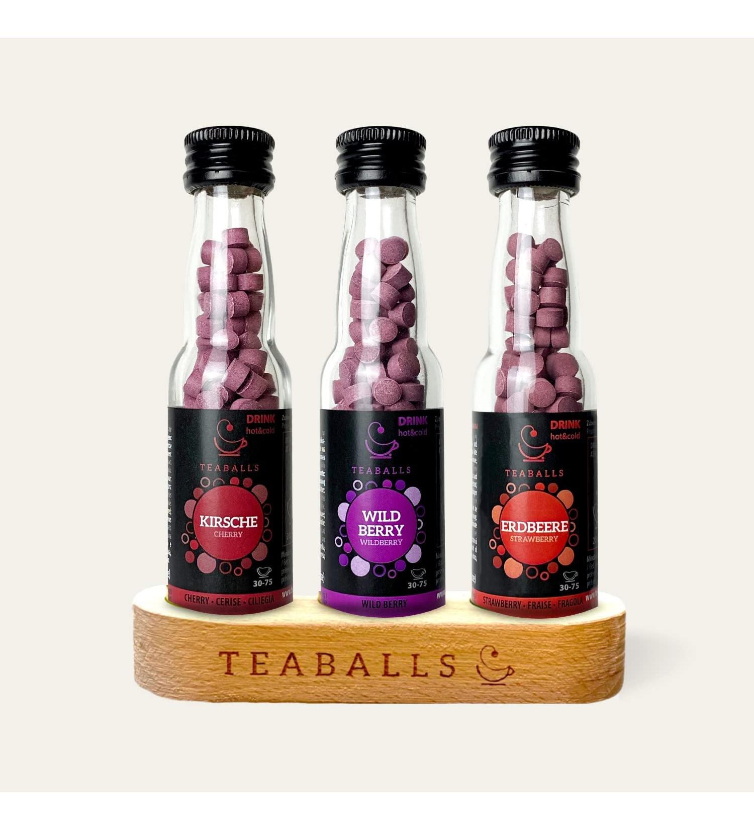 TEABALLS - Trio Fruits Black Selection Cherry Wildberry Strawberry (3 x 15 g) | 3 Black Bundle Including Wooden Stand | 90 - 225 Cups of Tea - Buy Online on GoSupps.com