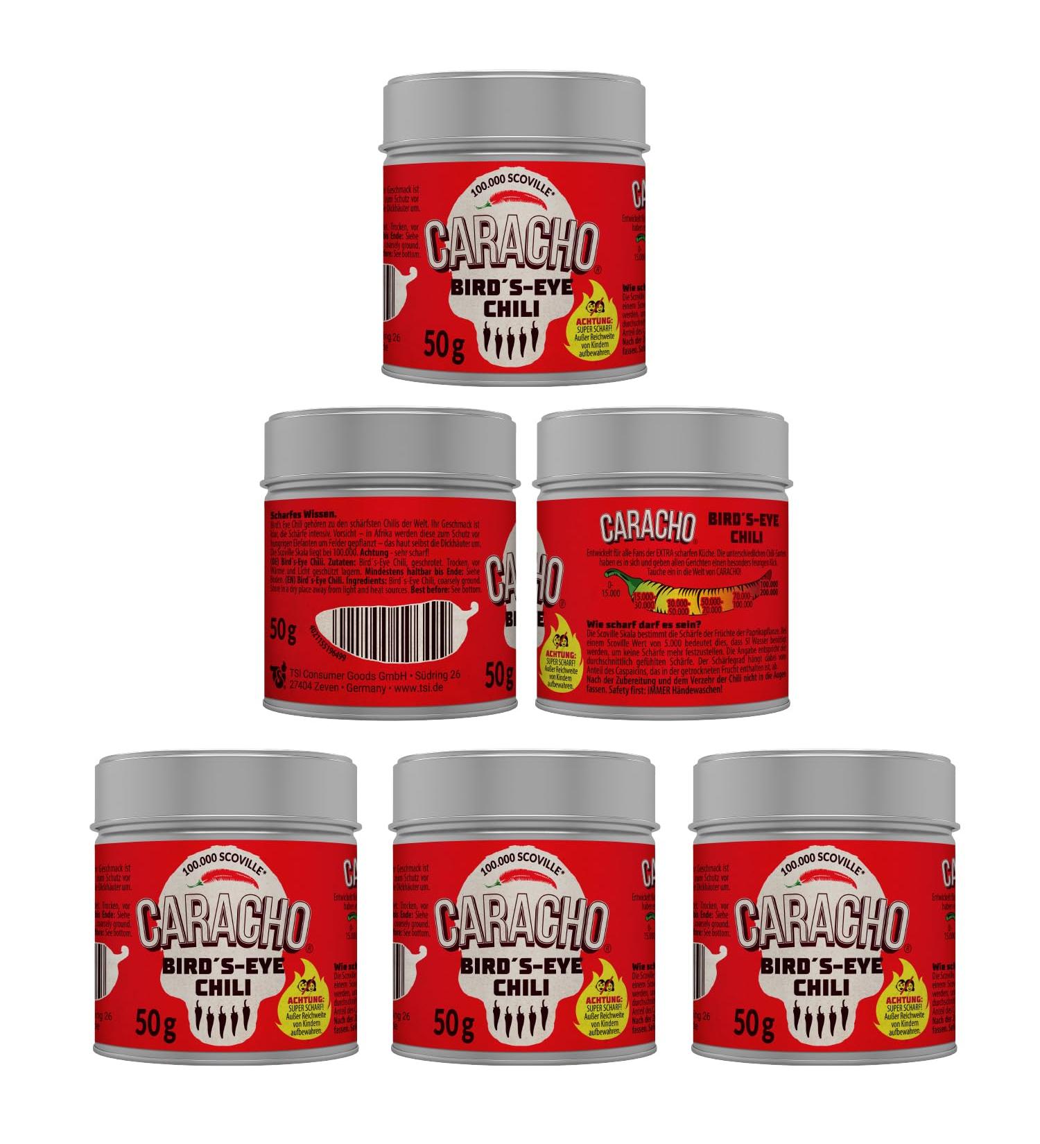 CARACHO 5 x 50g Bird Eye Chilli Flakes - 100% Extremely Hot - Chilli Powder in Metal Spice Tin / Scoville: 100 000-200 000 / Value Pack - Buy Online on GoSupps.com