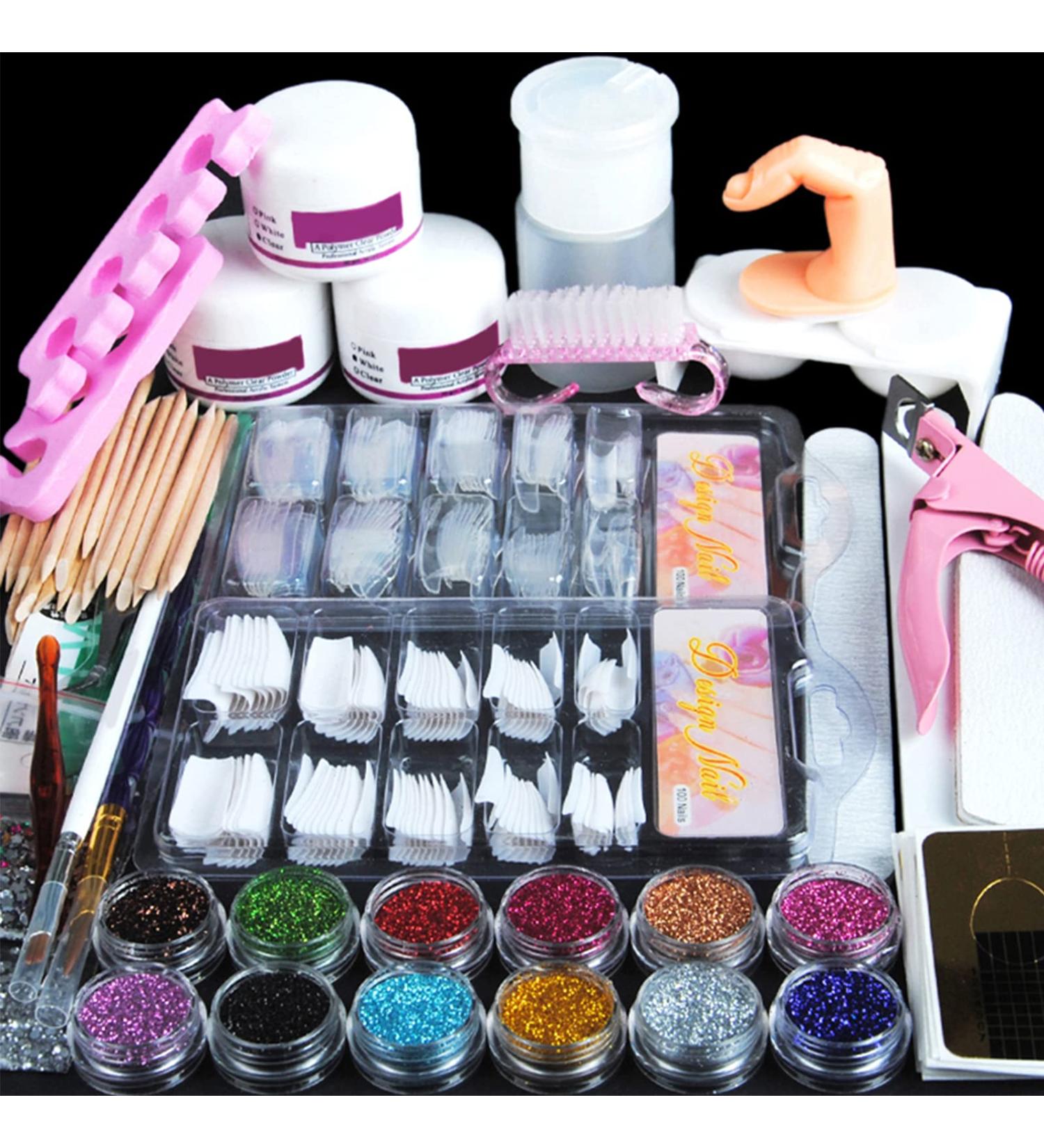 Professional Acrylic Nail Kit Set | Glitter Powder, Manicure Tools, False Tips | Starter DIY Supplies in Clear, Pink, White - Buy Online on GoSupps.com