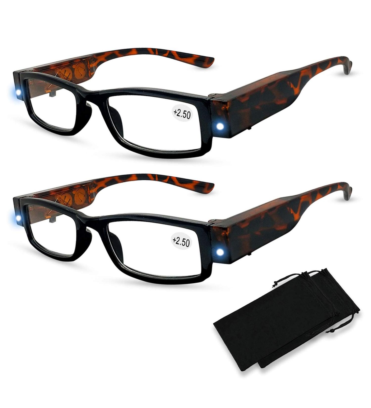 2 Pack LED Reading Glasses - Lighted Readers for Clear Vision - Unisex Nighttime Eyewear 2.0x Magnifier - Compact Black Frames - Buy Online on GoSupps.com