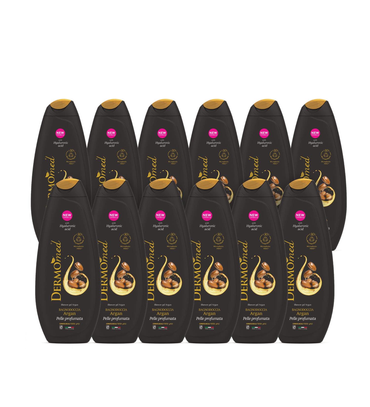 Italchimica Srl Dermomed Argan shower bath has a skinfriendly and gentle effect with hyaluronic acid 100 Made in Italy pH value 55 dermatologically tested 12 packs of 650 ml Argan 650 ml Confezione da 12 - Buy Online on GoSupps.com