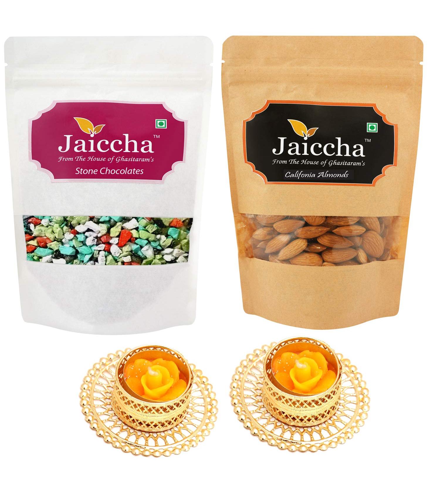 Jaiccha Ghasitaram Diwali Gifts Chocolate - Pack of 2 Stone Chocolate and Almond Pouches Small 200 GMS with 2 T-Lites - Buy Online on GoSupps.com
