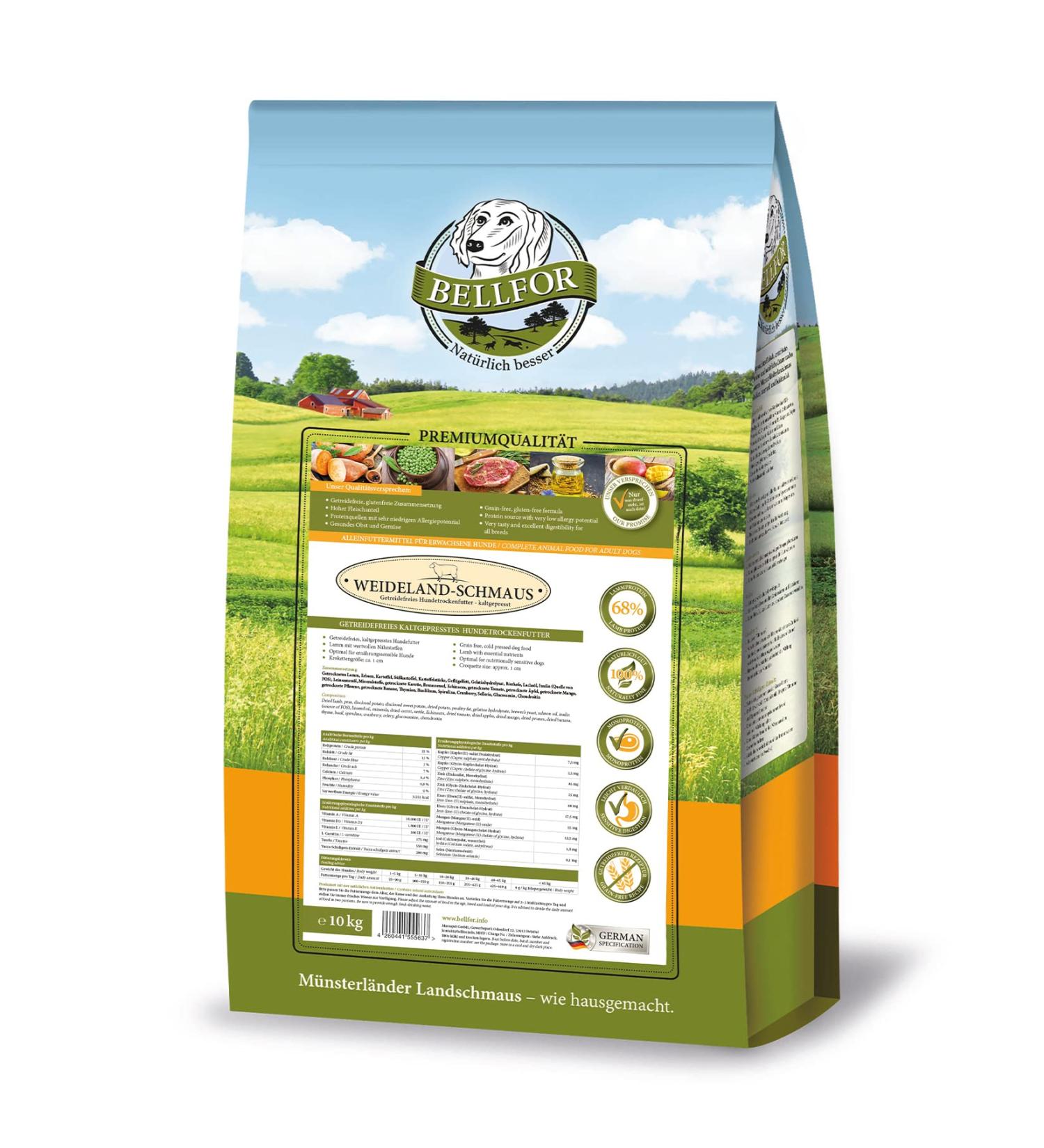 Bellfor Weideland-Schmaus High-quality dry food for dogs grain-free with lamb and high digestibility without animal by-products 10 kg - Buy Online on GoSupps.com