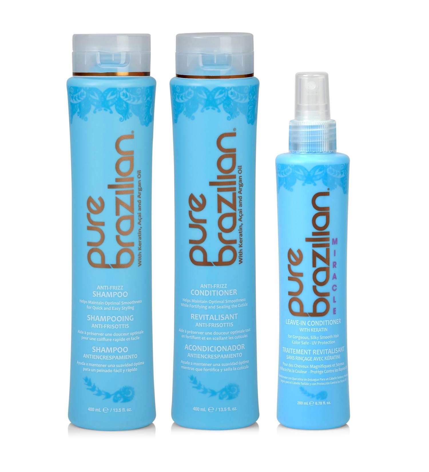 Pure Brazilian Daily Essentials Kit - Anti Frizz Shampoo Conditioner & Miracle Leave-In | Keratin Cocoa Butter Bulgarian Rose Water - 3 Piece Set for Healthy Hair - Buy Online on GoSupps.com