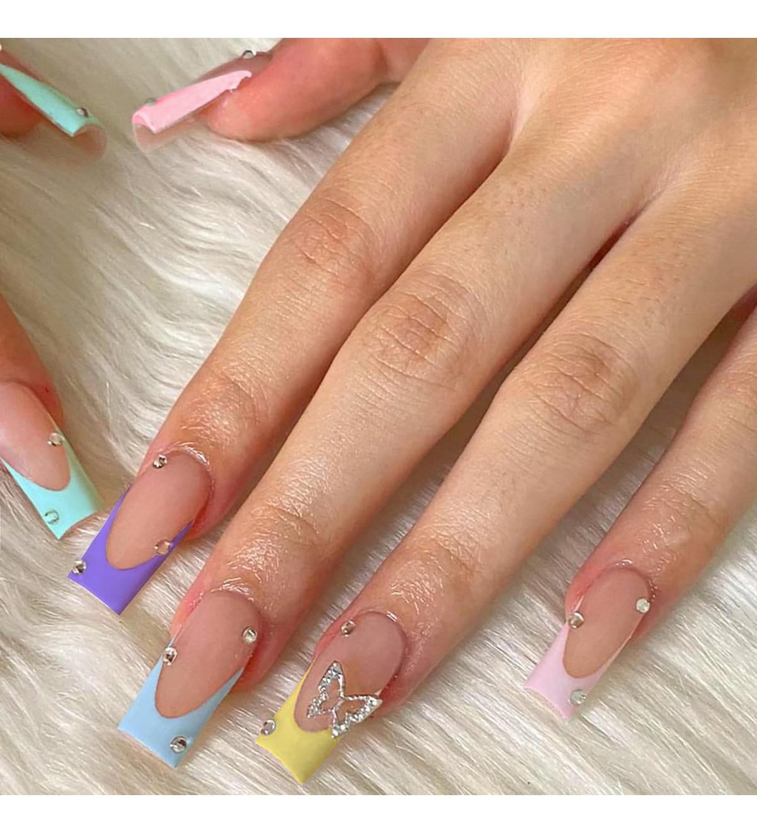 Kotkiddy 24pcs Long Press-On Nails - Black French Tips with Butterfly Rhinestones - Full Cover Coffin Nail Art - Glossy Stick-On Fake Nails (Multicolored) - International Shipping Available - Buy Online on GoSupps.com