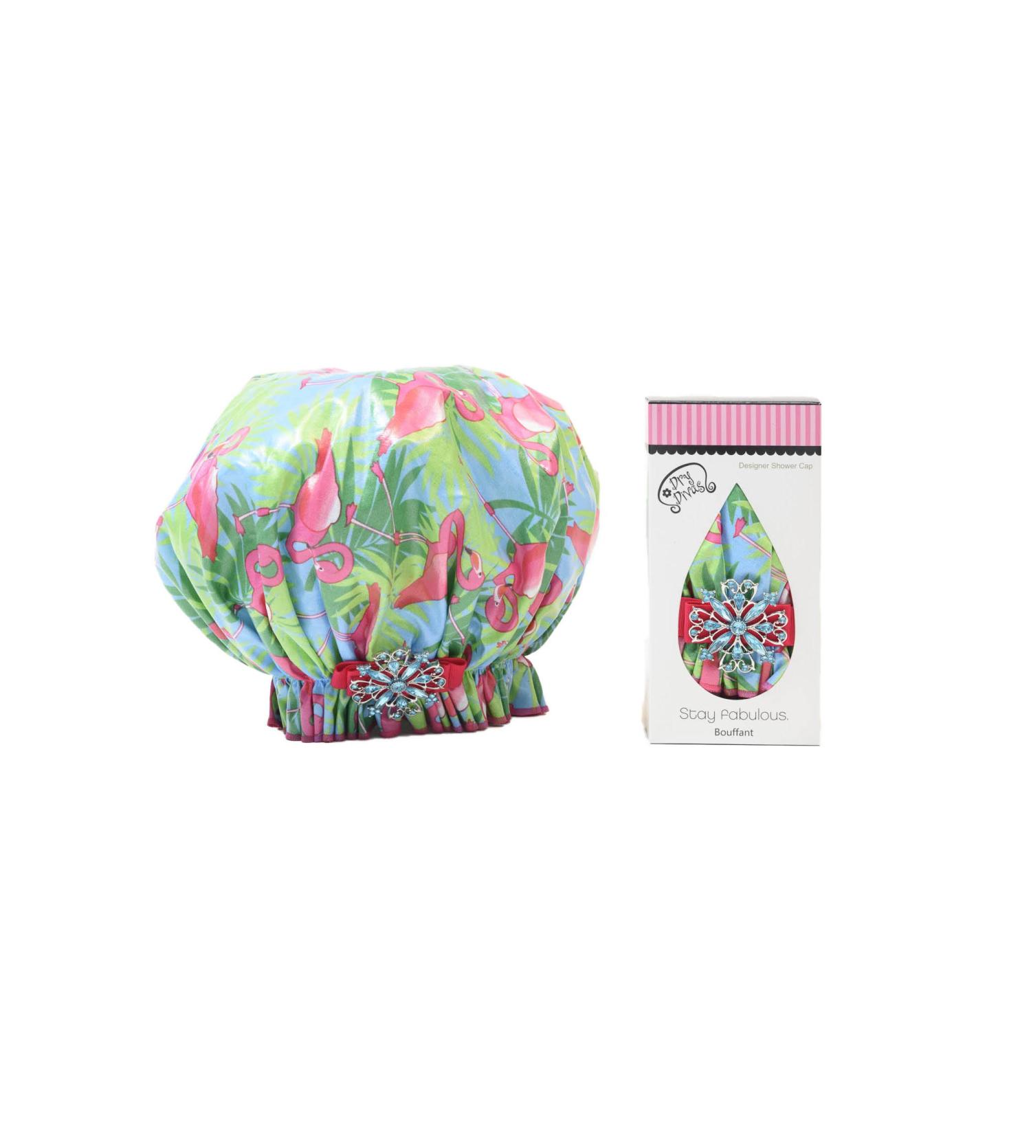 Dry Divas Designer Shower Cap - Washable  Reusable - Large Bouffant With Vintage Jeweled Brooch (Single And Ready To Fla-mingle) Green