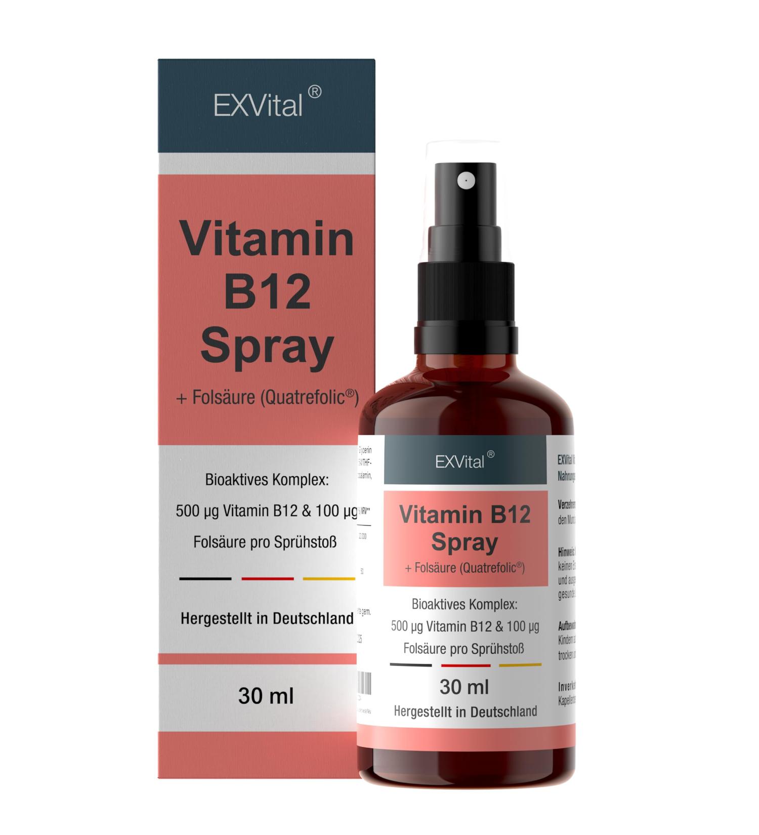 Vitamin B12 Spray - 500 g B12 + 100 g Folic Acid | Vegan Bioactive Quatrefolic | Made in Germany - Buy Online on GoSupps.com