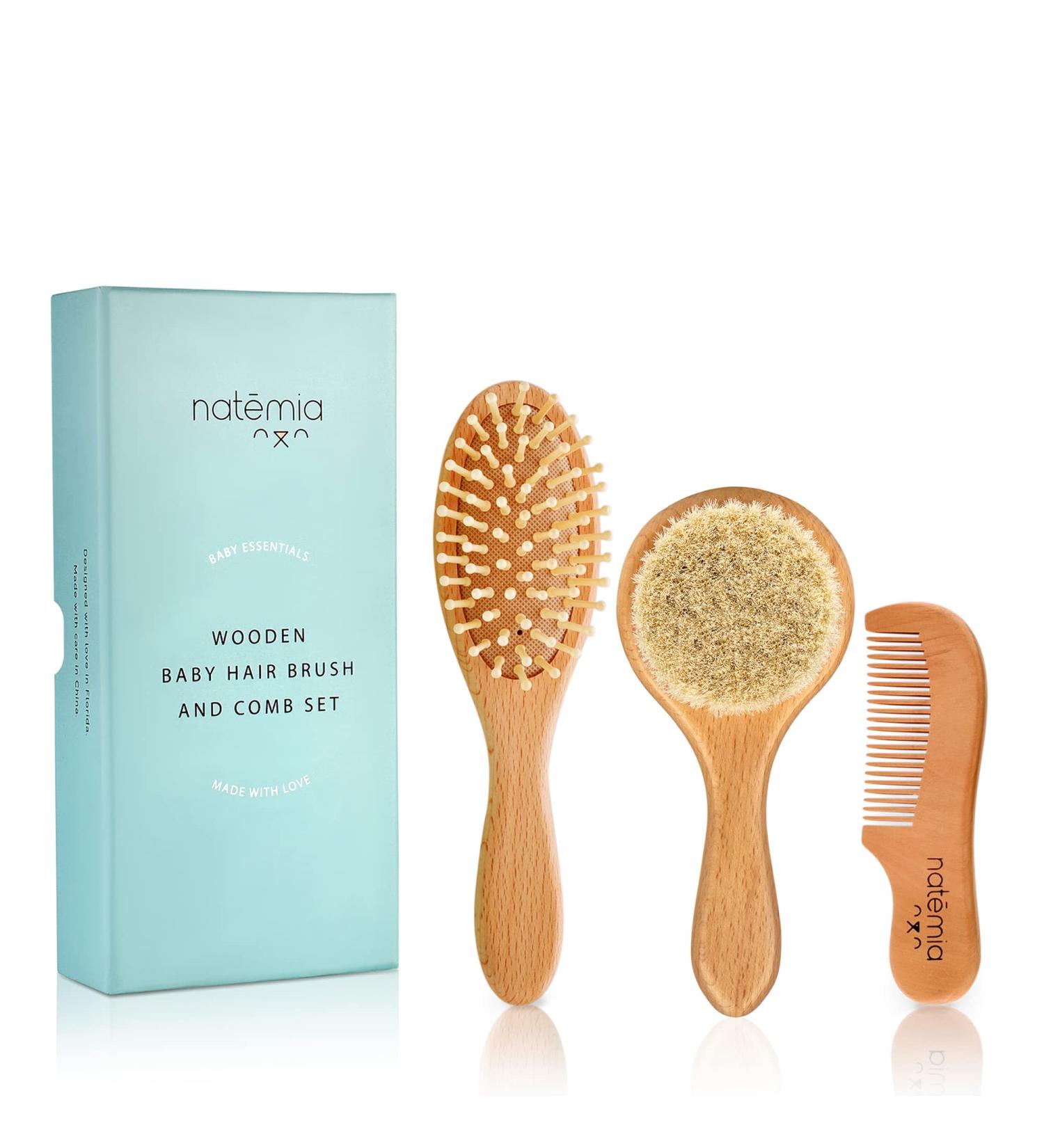 Natemia Wooden Baby Hair Brush Set for Newborns & Toddlers - Natural Soft Bristles - Ideal for Cradle Cap - Perfect Baby Registry Gift Set of 3 - Buy Online on GoSupps.com