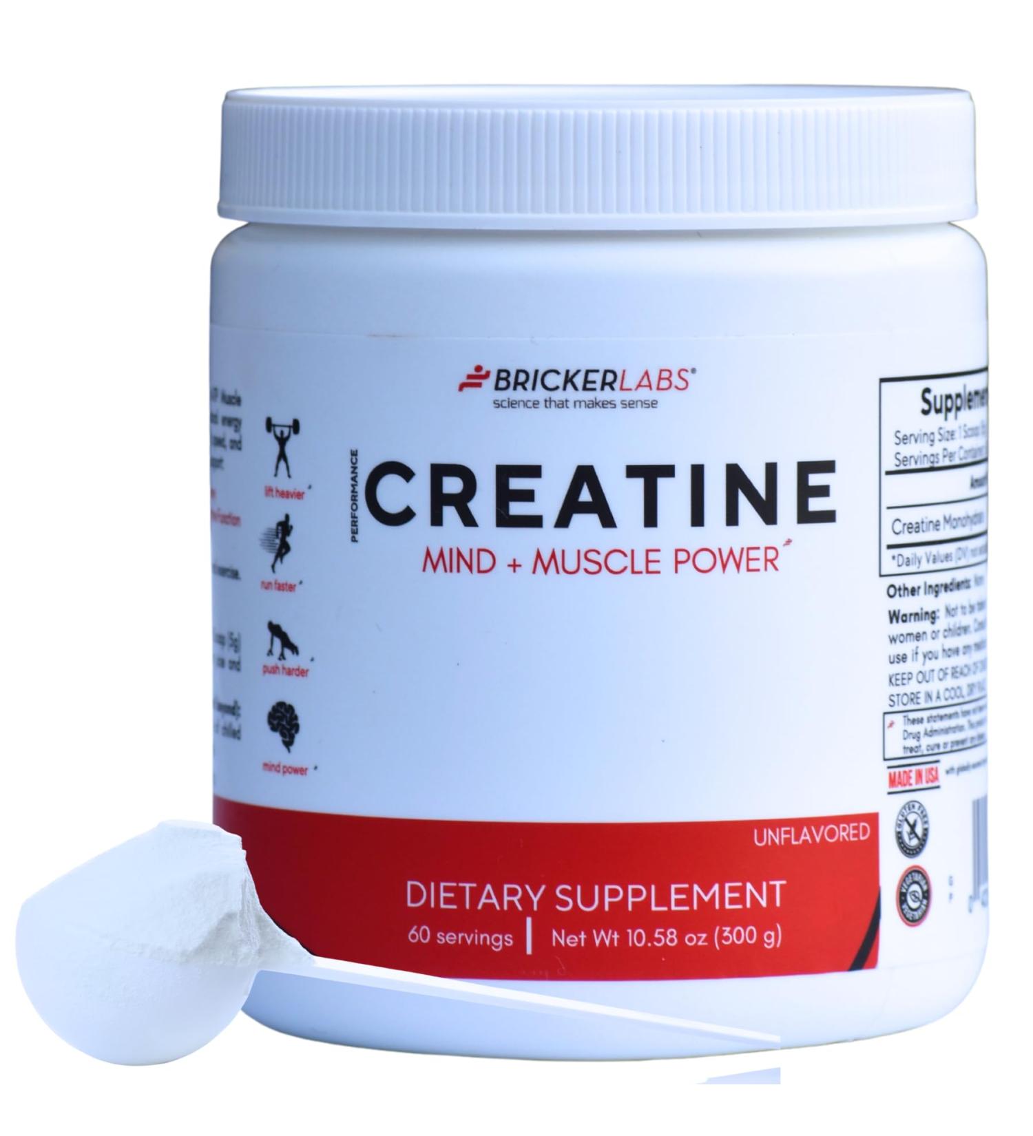 Bricker Labs Creatine Monohydrate Powder 5g Pure Ultra-Fine Creatine per Serving Muscle Growth Strength Endurance & Focus Unflavored 60 Servings Workout & Cognitive Support for Men & Women - Buy Online on GoSupps.com