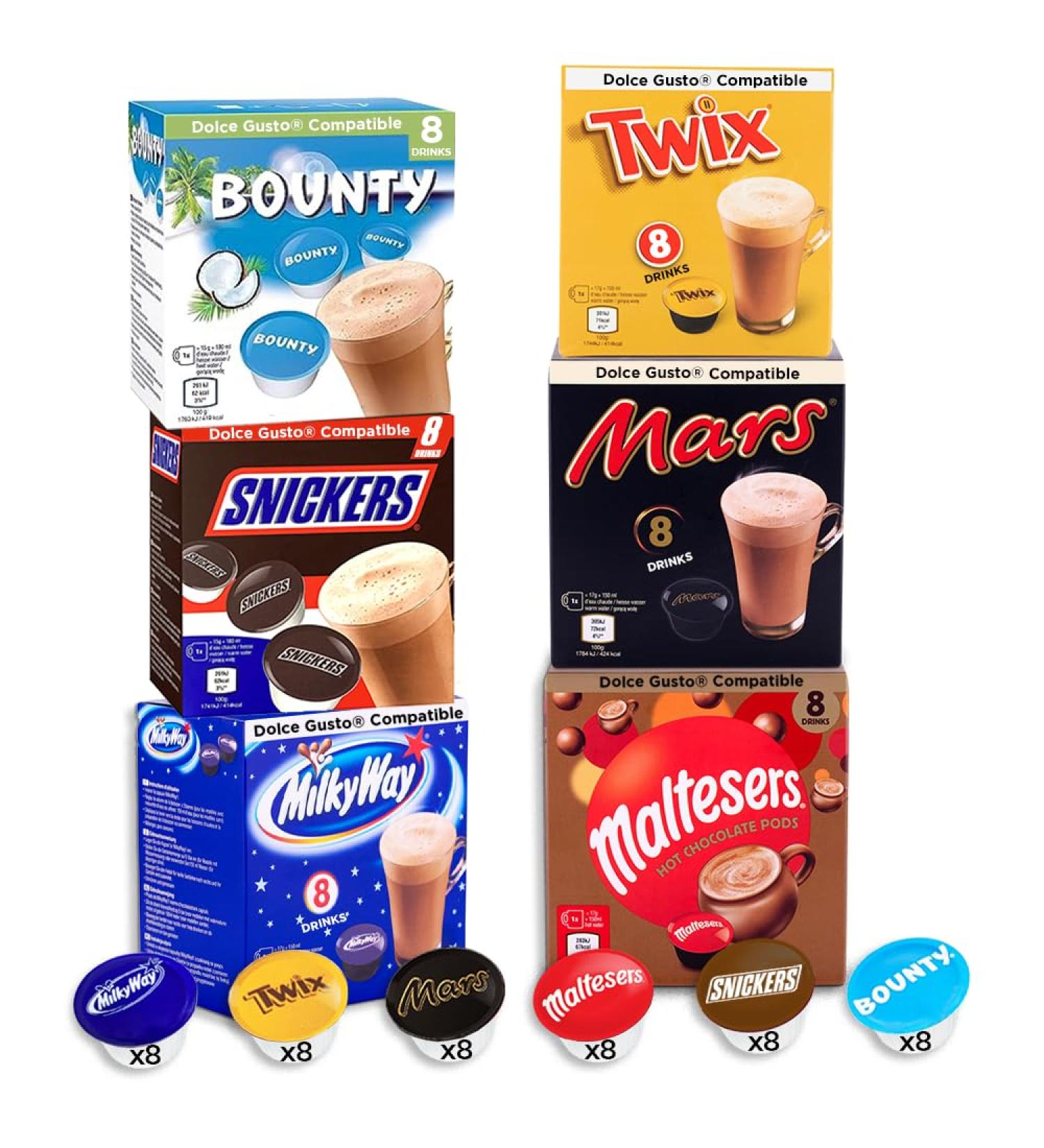 Mars Hot Chocolate Pods XL Bundle - Dolce Gusto Compatible Pods - (NEW Additions) Snickers Bounty Mars Twix Milky Way & Maltesers - 48 Pods (8 x 6) - Buy Online on GoSupps.com