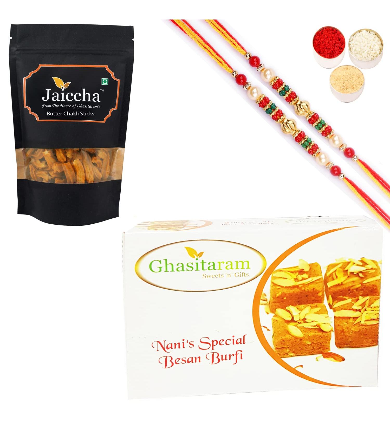 Ghasitaram Gifts Rakhi Gifts for Brothers Rakhi Sweets - Best of 2 Besan Barfi and Butter Chakli Sticks Pouch with 2 Pearl Beads Rakhis Best of 2 Besan Barfi & Chakli Sticks with 2 Rakhi - Buy Online on GoSupps.com