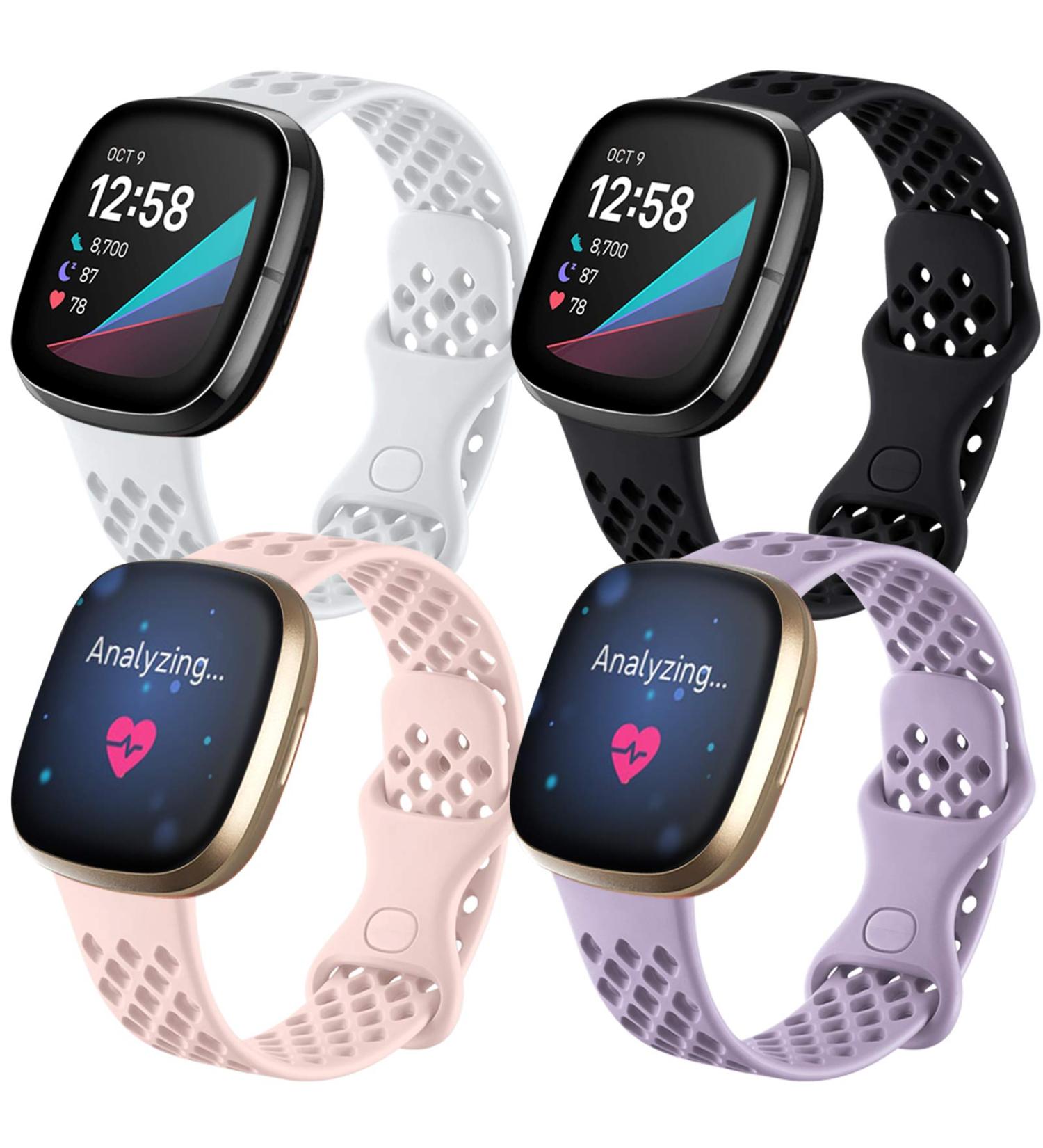 Maledan Breathable Sport Bands 4-Pack for Fitbit Sense/Versa 3 | Waterproof Replacement Wristbands with Air Holes | Small Size for Women Men | Black, Pink, White, Lavender - Buy Online on GoSupps.com