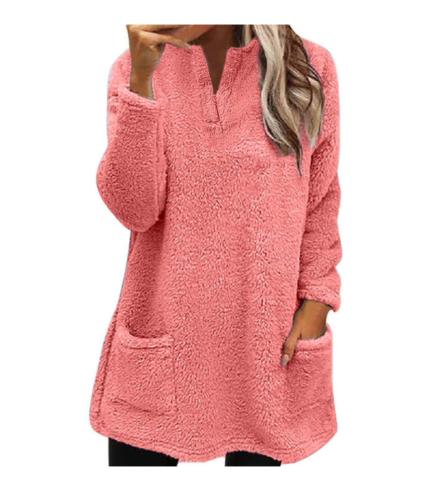 AMhomely Women's Plus Size Soft Teddy Fleece Hoodie - V Neck Casual Pullover Sweatshirt with Pocket - Buy Online on GoSupps.com