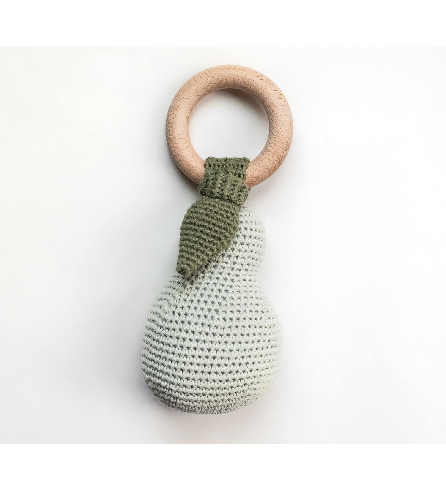 Pear Baby Rattle & Teether Toy 0-24 Months | Soft Crochet & Beech Wood | All-Natural & Vegan | Gender Neutral Gift - Buy Online on GoSupps.com