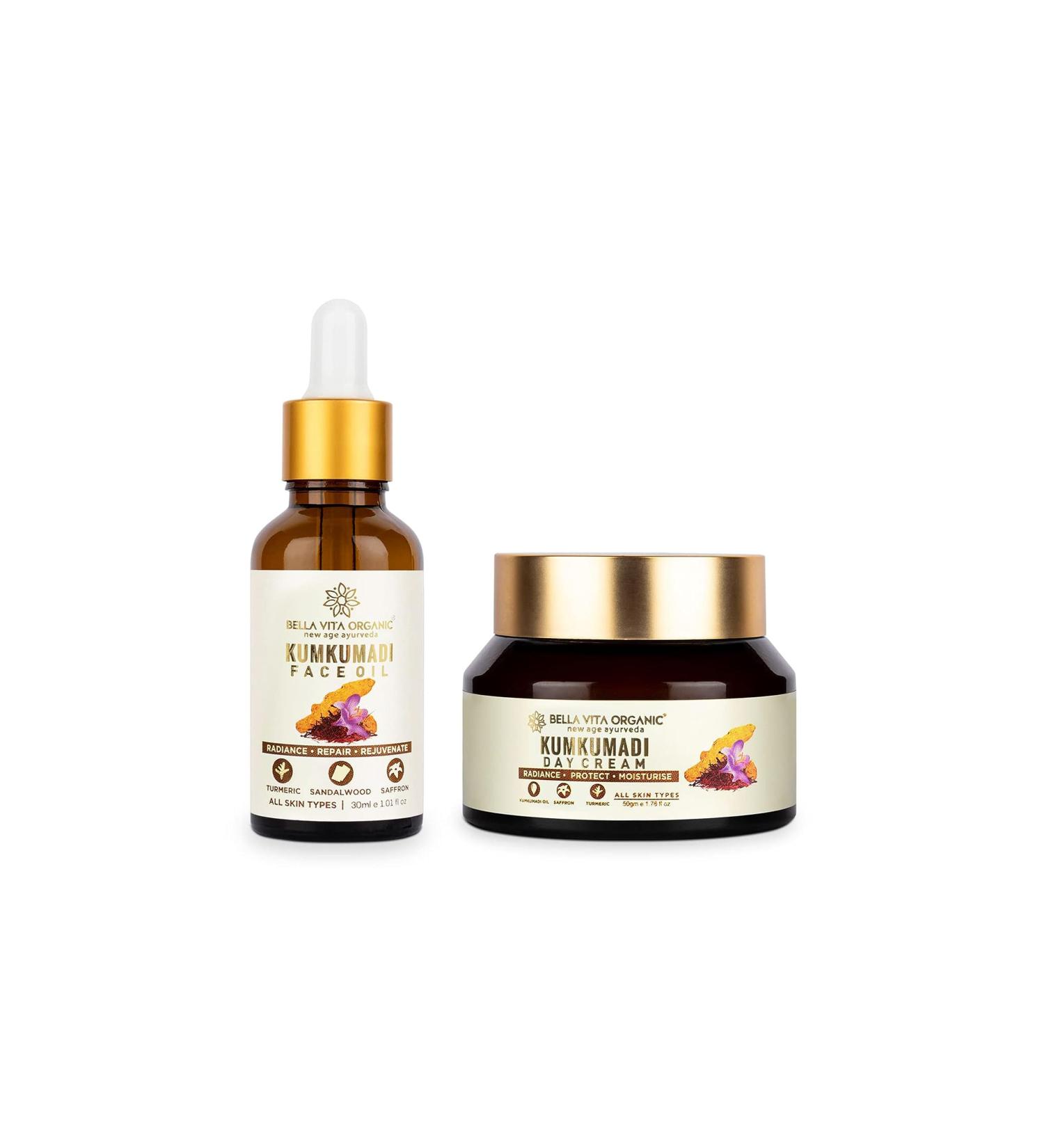 Bella Vita Organic The Ultimate Radiance Kumkumadi Combo Repair & Rejuvenate Skin with Turmeric & Sandal Includes Face Oil 30 ml & Face Cream 50 gm - Buy Online on GoSupps.com