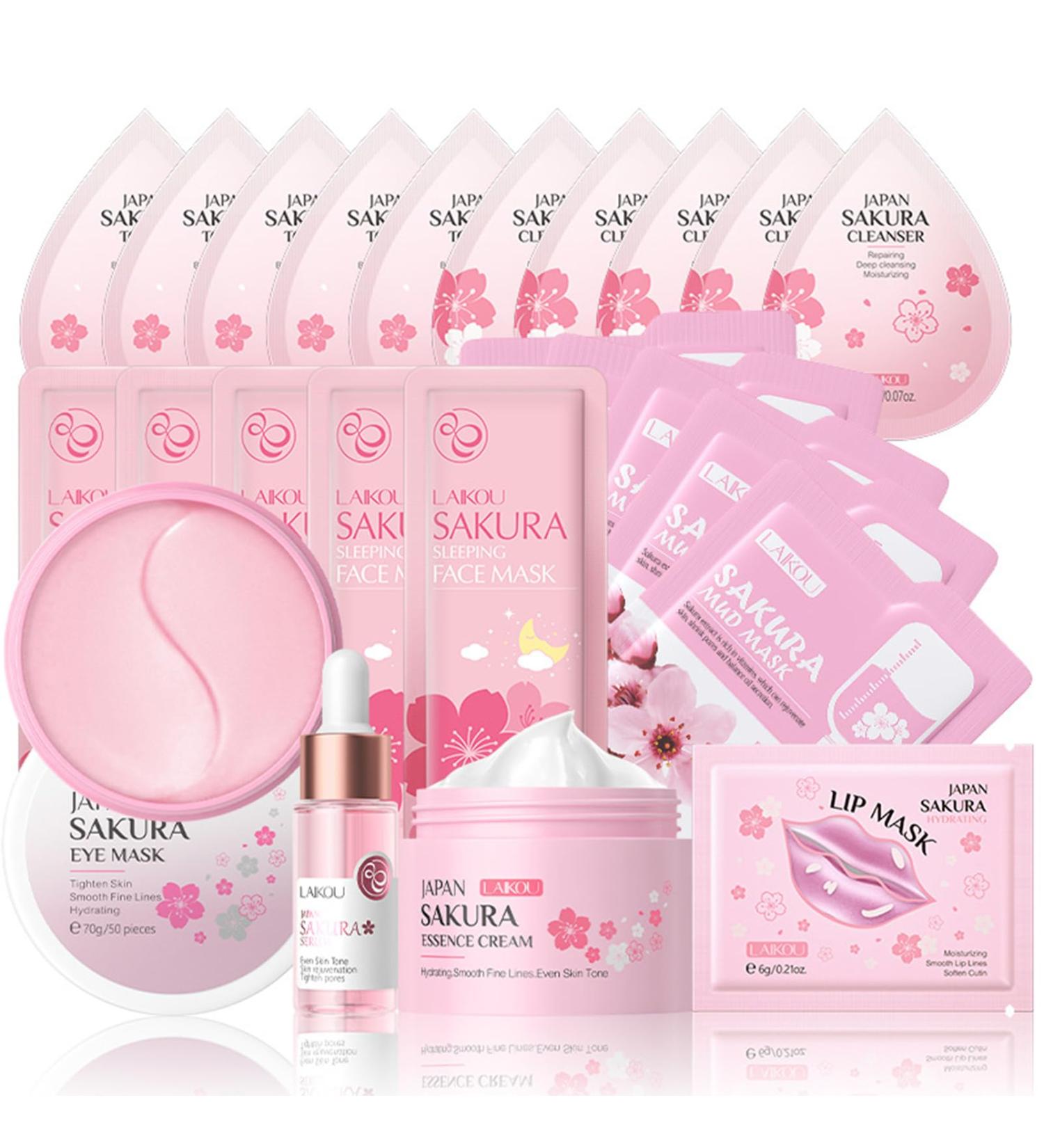 Cherry Blossom Skin Care Set | Sakura Skincare for Teens & Women | 24PCS Travel Kit with Cream Serum Eye Mask & More - Buy Online on GoSupps.com