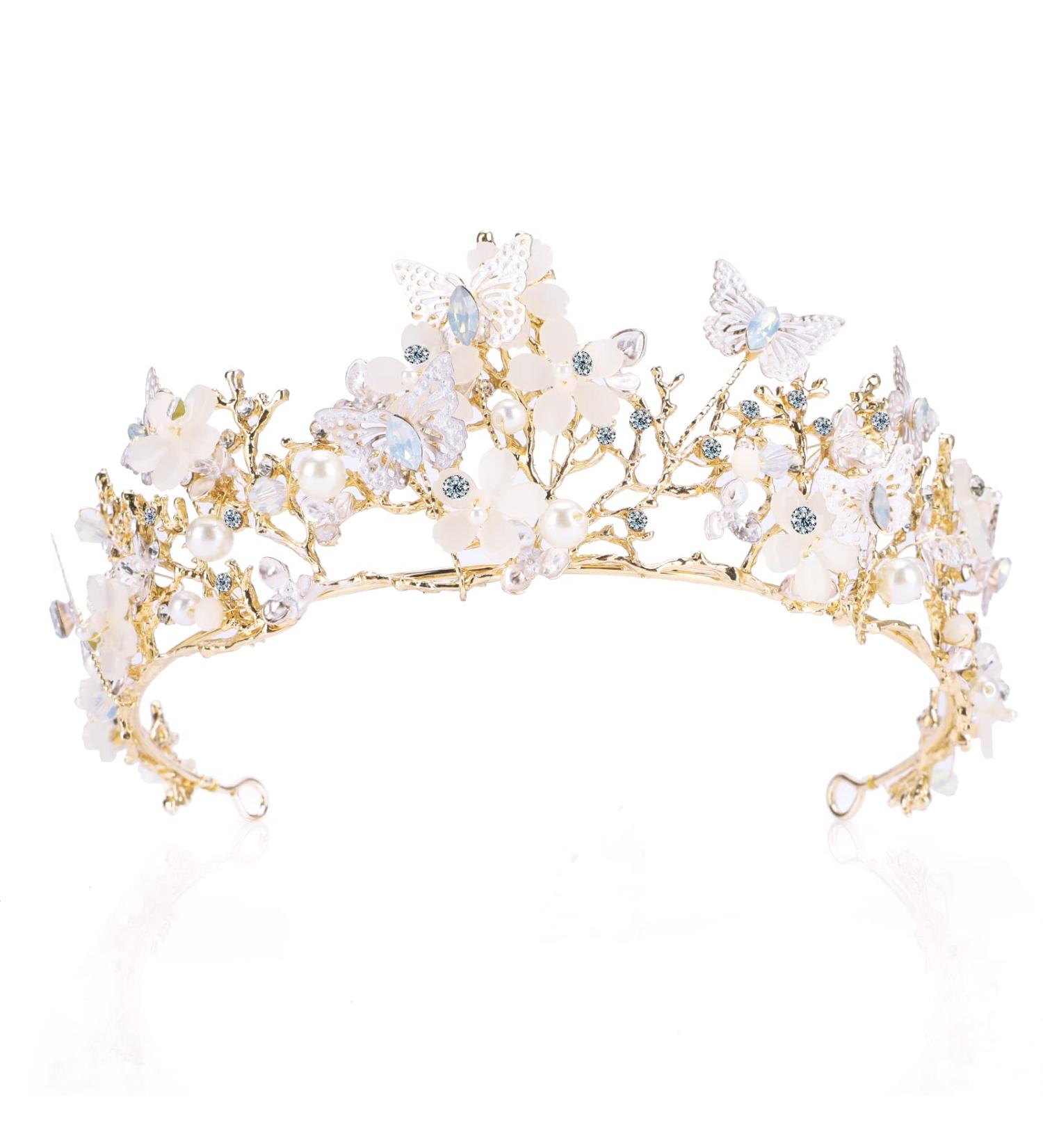 Golden Butterfly Fairy Crown Tiara with Pearl Crystal & Rhinestone - Wedding & Birthday Gift - Buy Online on GoSupps.com