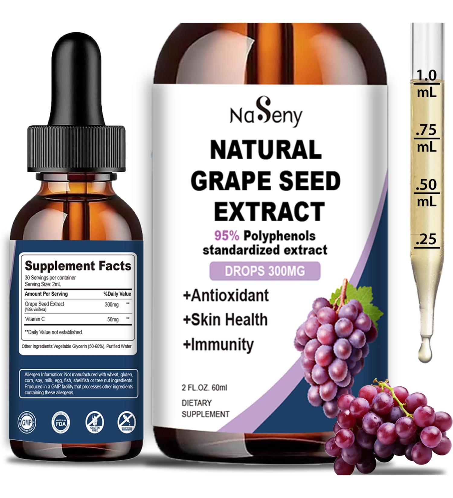 Natural Grape Seed Extract Drops-300 mg Grape Seed Extract Liquid Supplement - Maximum Strength Vitis Vinifera Seed Tincture Standardized to 95% Polyphenols Non-GMO Gluten Free (60ml) - Buy Online on GoSupps.com