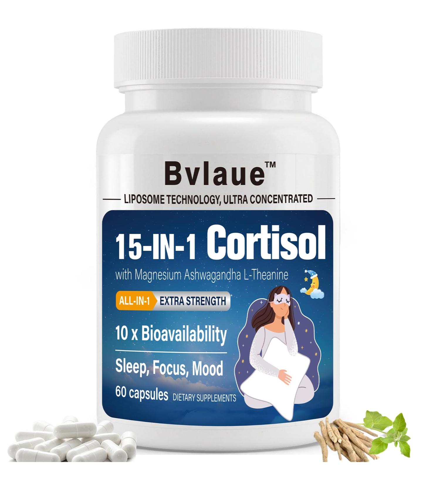 Bvlaue Cortisol Supplements for Women & Men - 15-in-1 Cortisol Reducer Manager Lower w/Ashwagandha,Magnesium,L-Theanine/Saffron Vitamin B6 & B12,60 Vegan CT for Stress Relief Sleep,Mood,Non-GMO - Buy Online on GoSupps.com