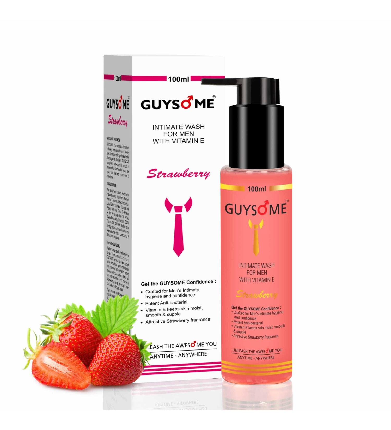 GUYSOME Men's Intimate Wash 3.38 FL Oz - pH Balanced for Sensitive Skin with Vitamin E & Sea Buckthorn - Daily Hygiene and Genital Care - Strawberry Scent - Buy Online on GoSupps.com