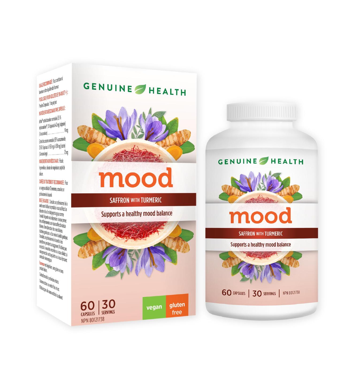 Genuine Health mood 60 count 30 day supply Saffron and Turmeric for natural daily mood balance and support Dairy & gluten-free Vegan - Buy Online on GoSupps.com