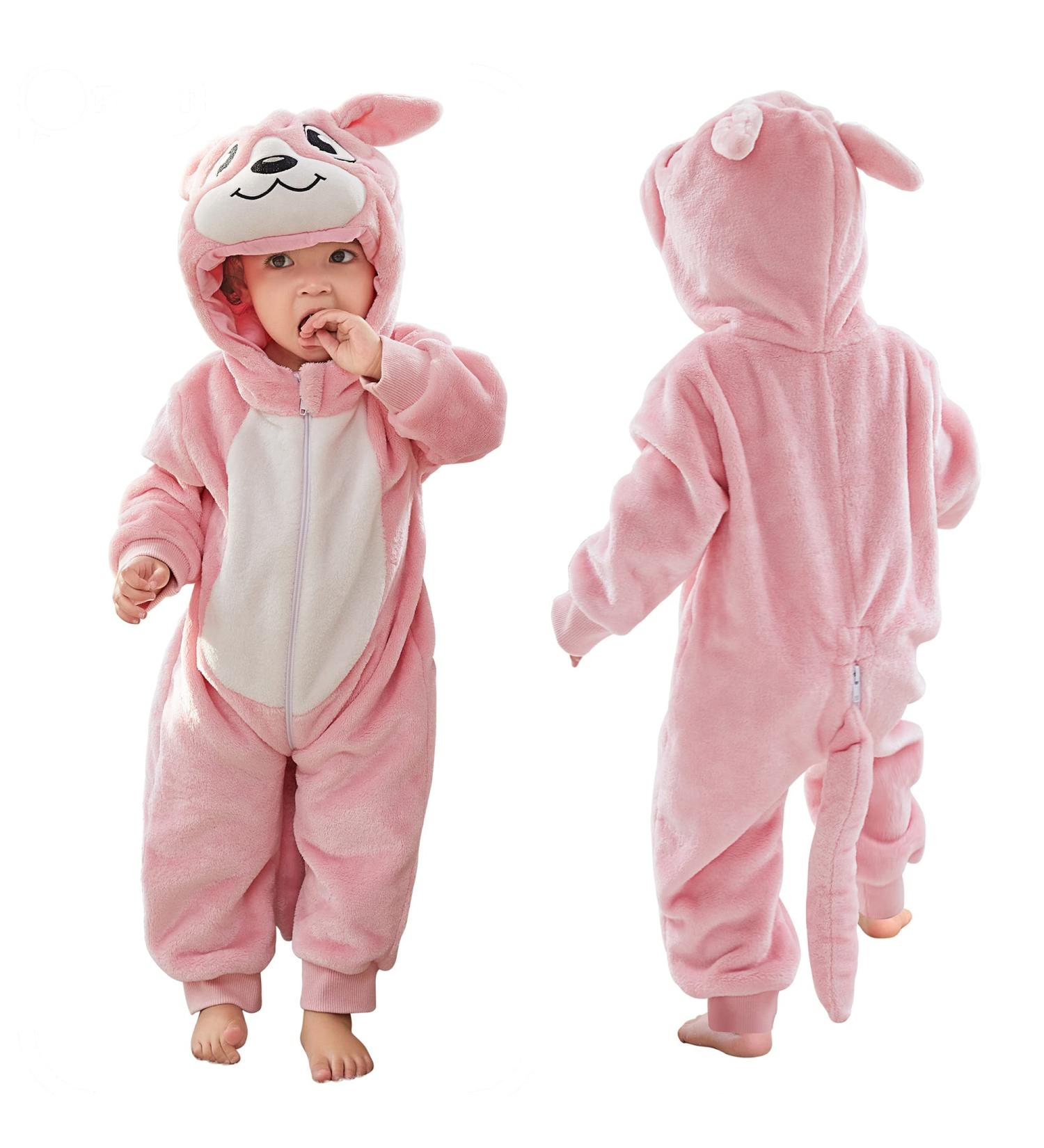 COOKY.D Baby Hooded Rompers | Winter Flannel Jumpsuit Pajamas | 6-12 Months | Pink - Buy Online on GoSupps.com