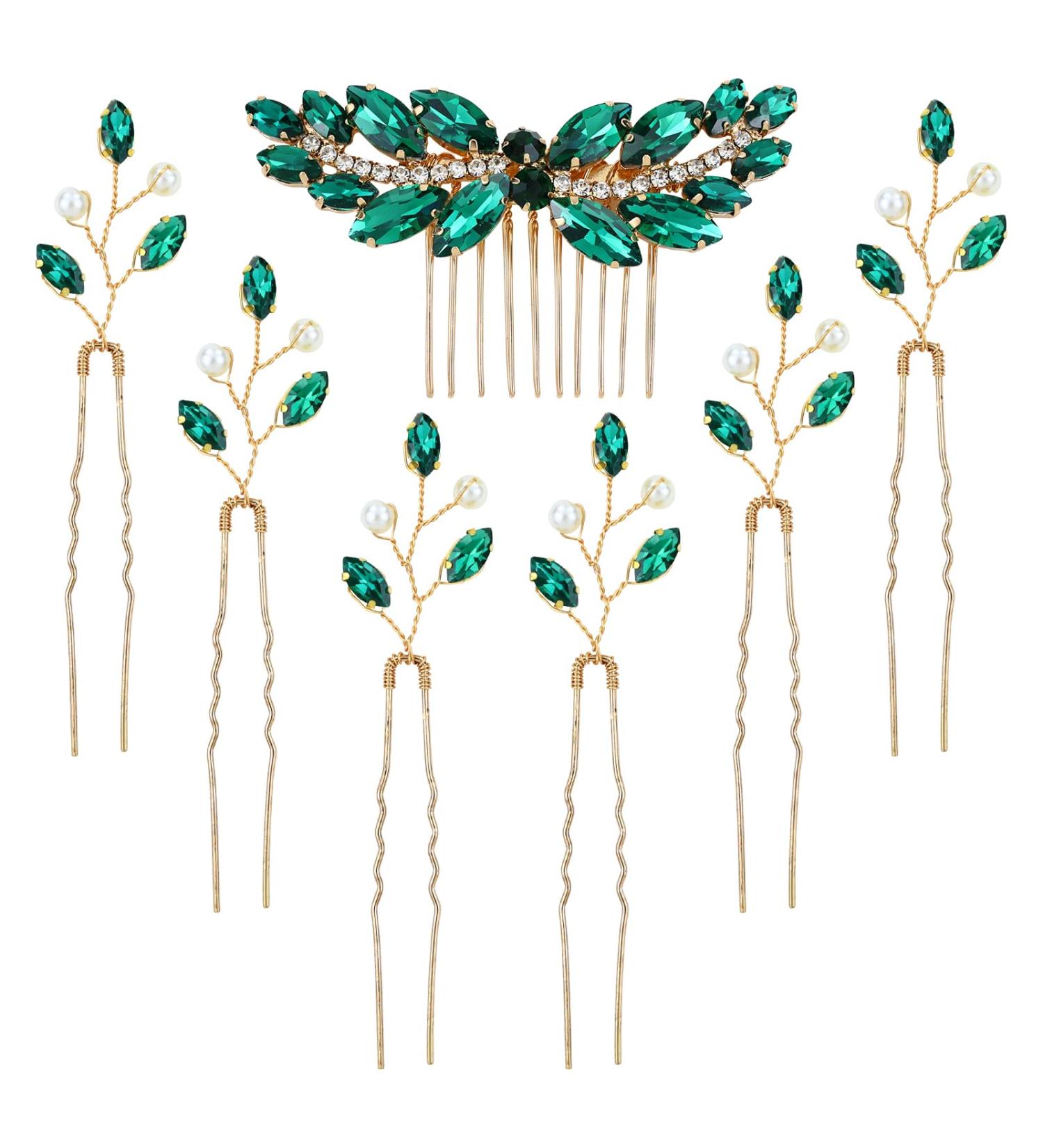 inSowni 7 Pieces Vintage Proms Bridal Wedding Glitter Emerald Green Rhinestone Crystal Gold Metal Hair Side Combs Slides U-shaped Hair Pins Accessories for Women Flower Girls Brides Bridesmaids - Buy Online on GoSupps.com