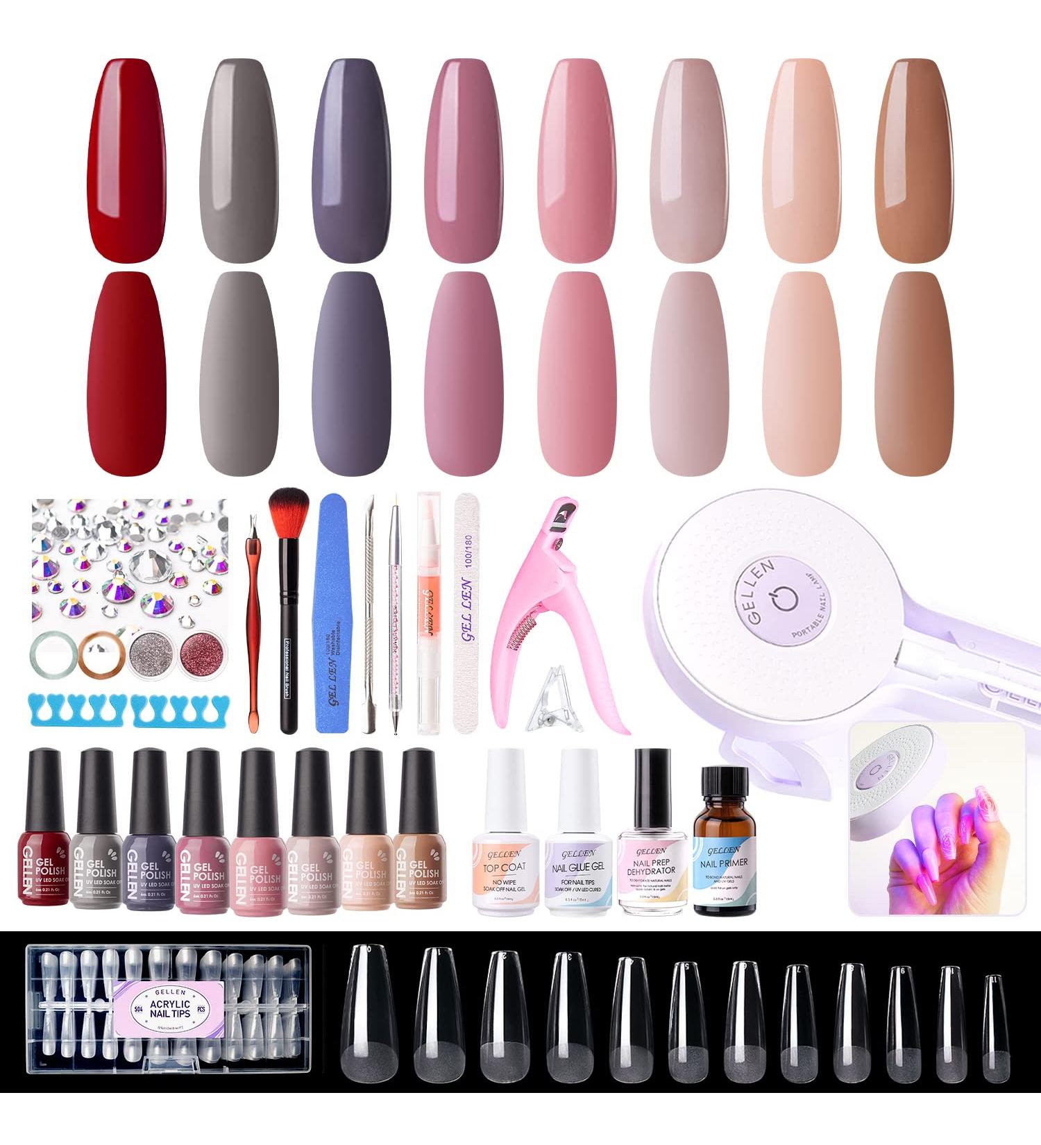 Gellen Gel Nail Polish Kit with UV Light - 8 Colors Set + 504pcs Coffin Nail Tips, Glue, Dryer, Base & Top Coat - Nail Art Manicure Set for Easter & Winter - Rose - Buy Online on GoSupps.com