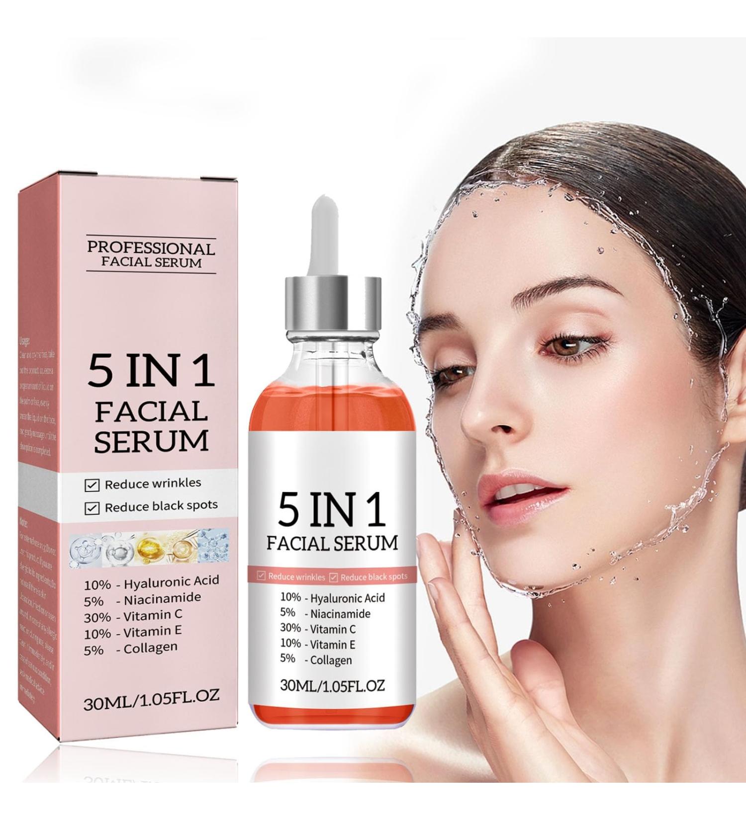 Buy Vitamin C Face Serum - 5 In 1 Anti-Aging Formula with Vitamin E Hyaluronic Acid Collagen & Nicotinamide - Moisturizing Firming & Skin Tone Evenness 30ml - Buy Online on GoSupps.com
