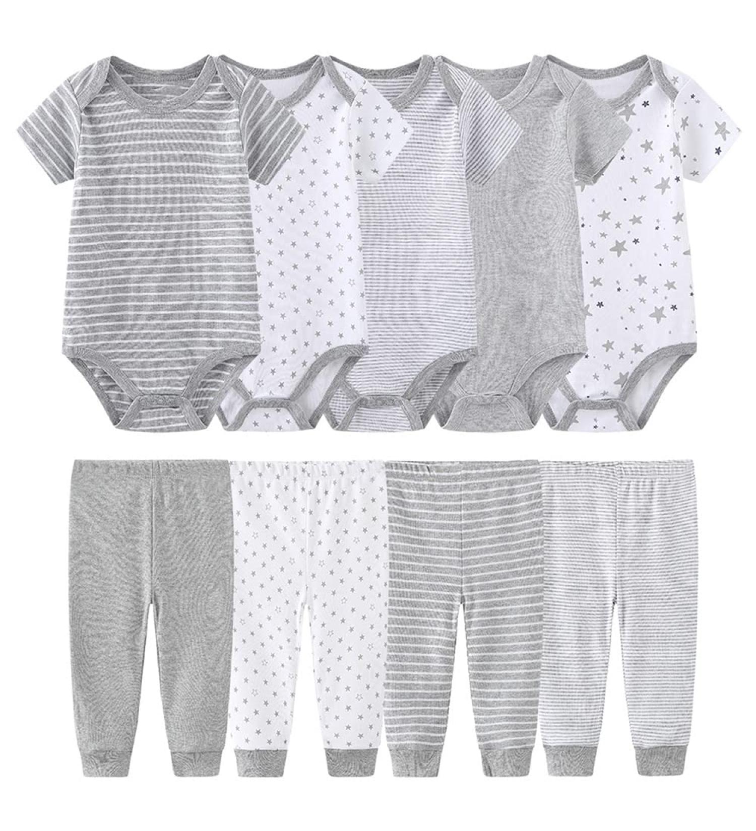 Chamie Newborn Baby 9-12 Months Clothing Set - 5 Bodysuits, 4 Pants, Vests - Unisex Grey - 100% Cotton - Size 0-12M - Buy Online on GoSupps.com