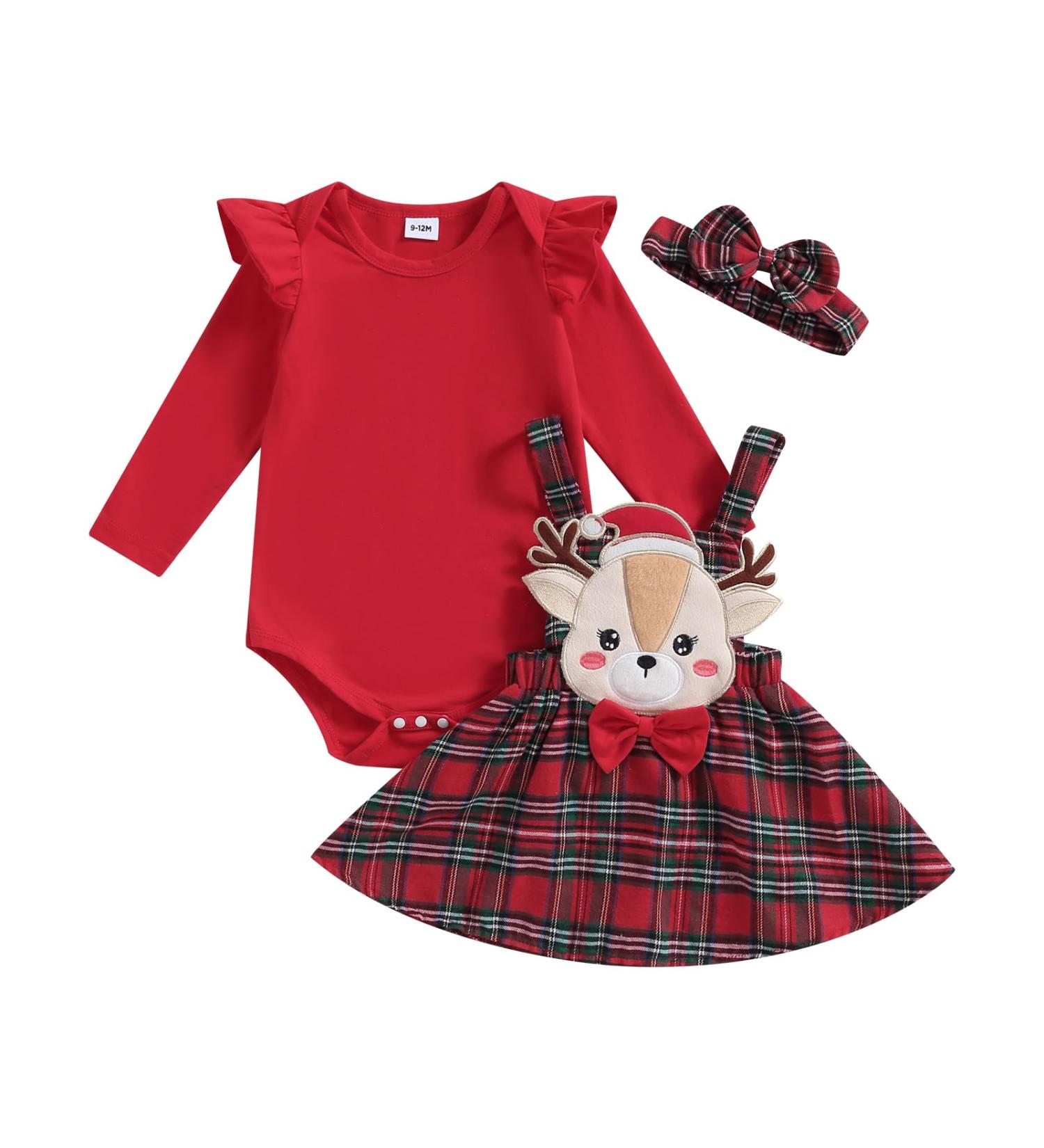 KameyouForever Baby Girl Christmas Outfit - My First Christmas Romper Top and Suspender Skirt Set | Deer Plaid Design | Available in Multiple Sizes - Buy Online on GoSupps.com