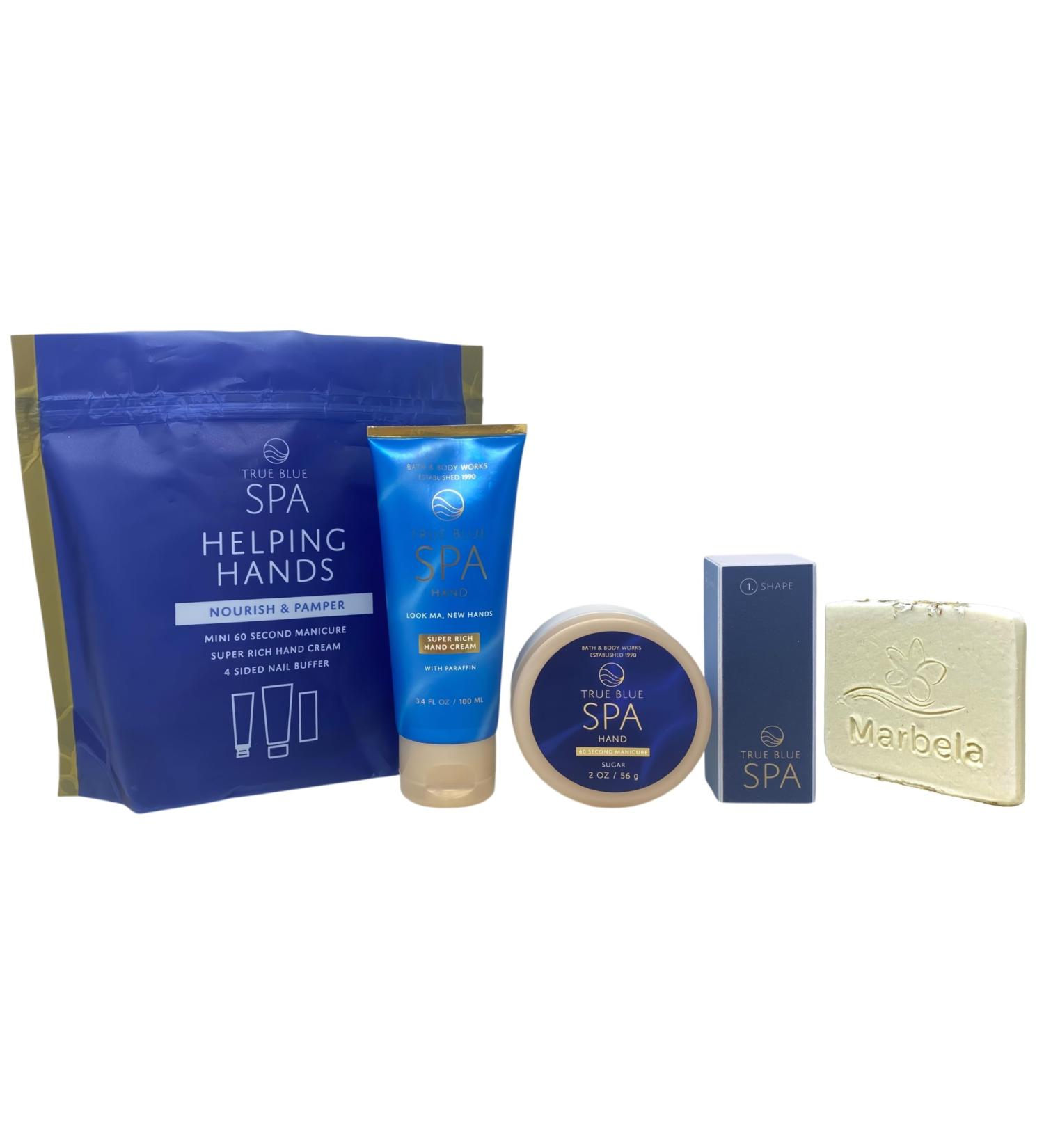 Bath & Body Works Spa Helping Hands True Blue Spa Gift Set - Super Rich Hand Cream 60 Second Manicure Hand Scrub and 4-sided nail buffer - Travel Size - with a Natural Oats Sample Soap - Buy Online on GoSupps.com