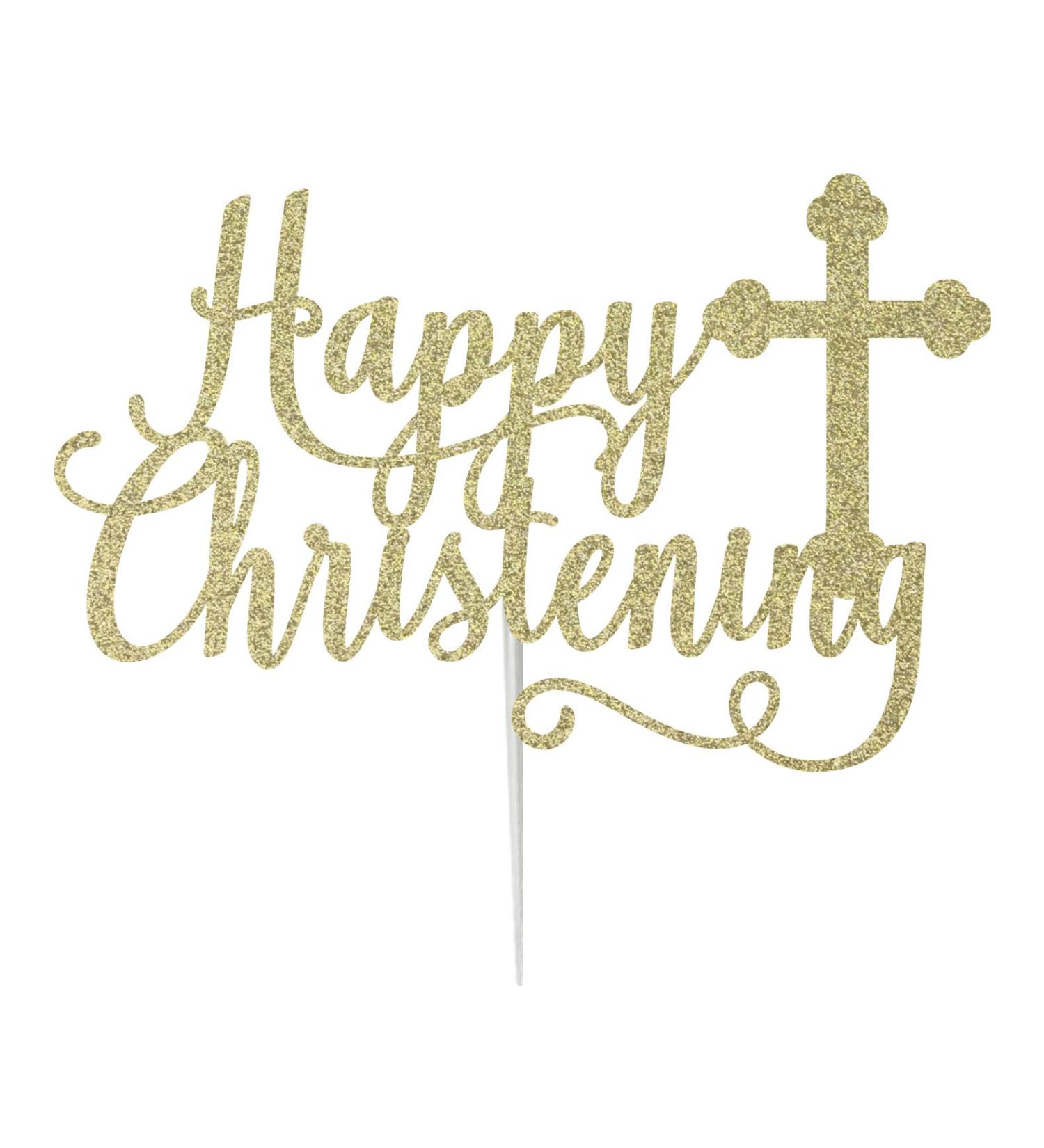 LissieLou Happy Christening with Cross Cake Topper Glitter Card Gold Made in the UK