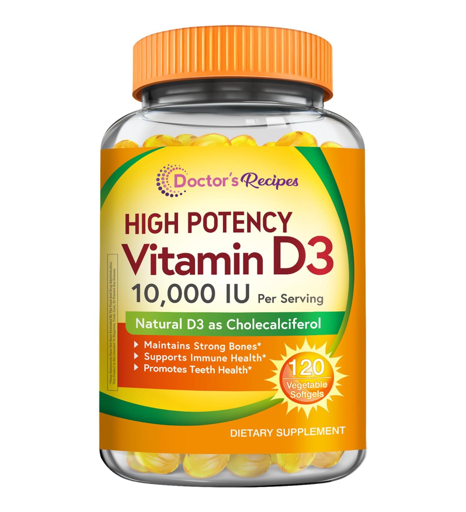 Doctor's Recipes Vitamin D3 10000 IU Bones Teeth and Immune Support Non-GMO No Gelatin Gluten or Soy 120 Vegetarian Softgels 120 Count (Pack of 1) - Buy Online on GoSupps.com