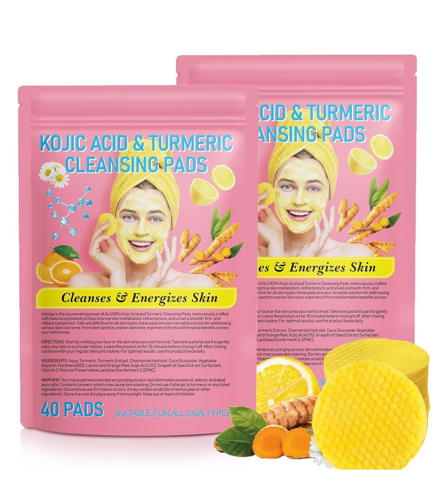 Turmeric Cleansing Pads with Kojic Acid - Exfoliating Cotton Pads for Face 80 Count - Balance Skin Oil & Brighten Complexion - Buy Online on GoSupps.com