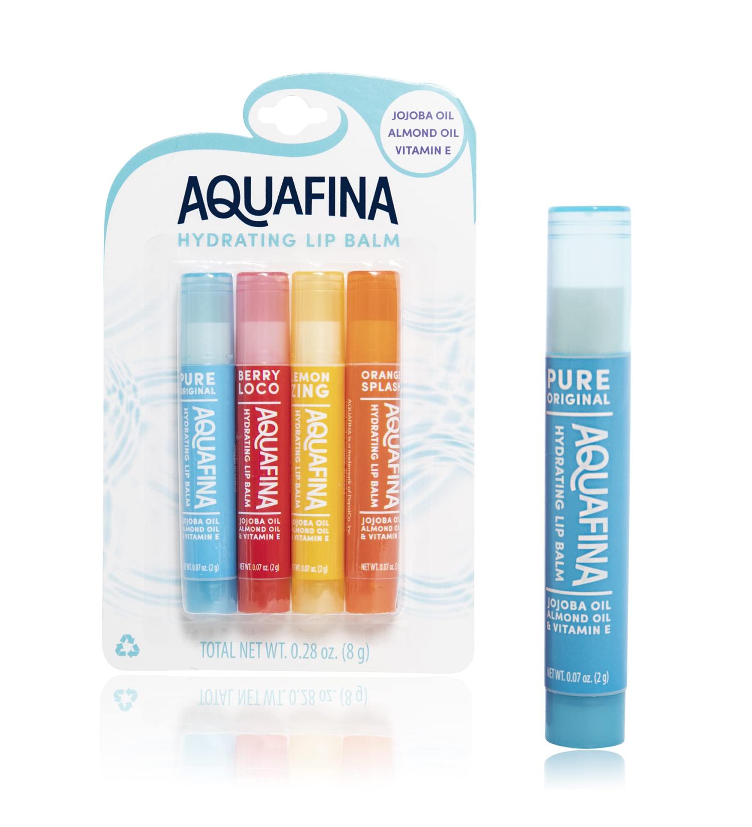 Aquafina Hydrating Lip Balm 4 Pack with Jojoba & Almond Oils, Vitamin E - New Flavors (Lemon Zing, Orange Splash, Berry Loco, Pure Original) - Buy Online on GoSupps.com