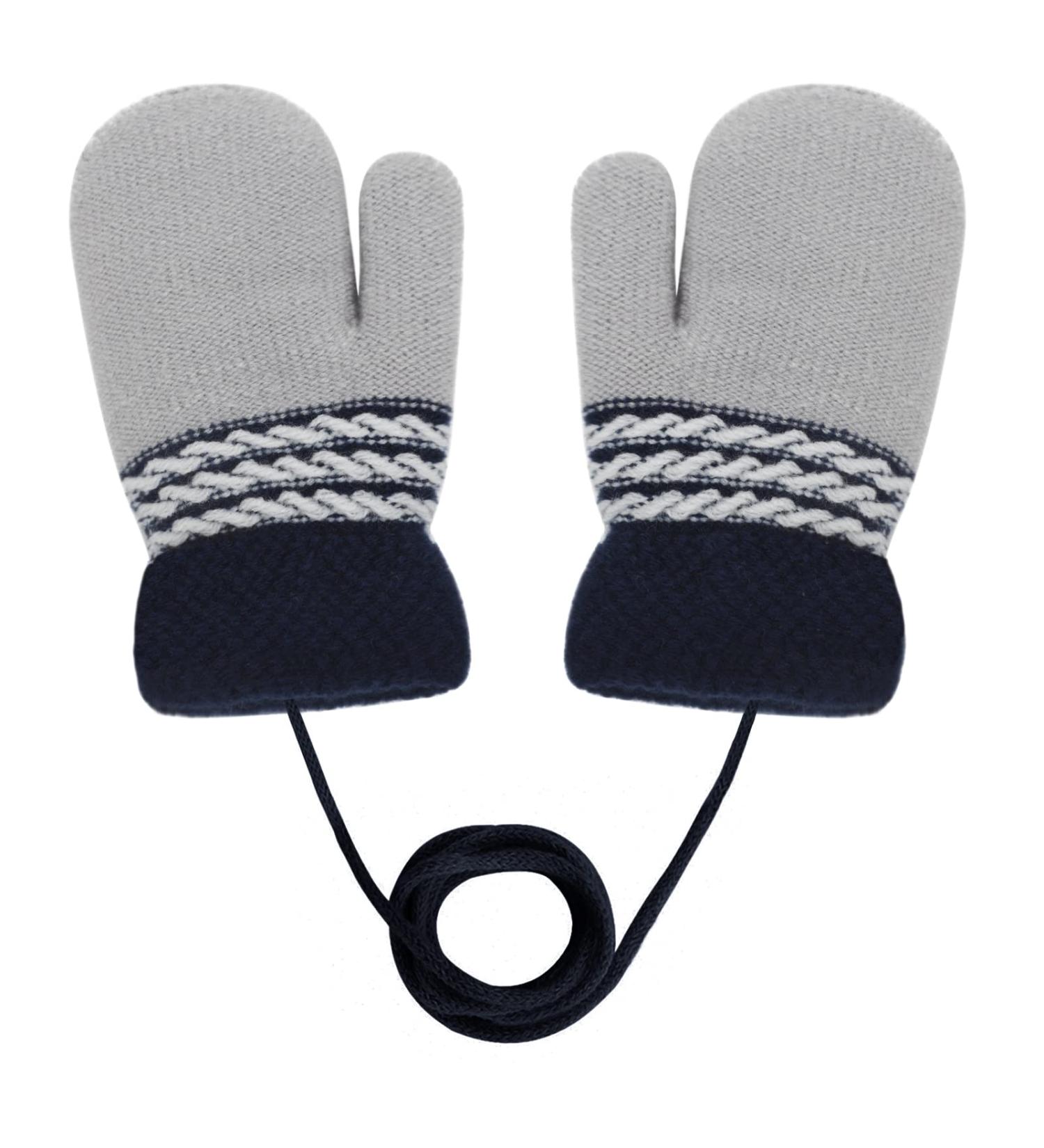 Toddler Kids Winter Warm Plush Knitted Gloves | Grey & Navy Blue | 1-3Yrs - Buy Online on GoSupps.com
