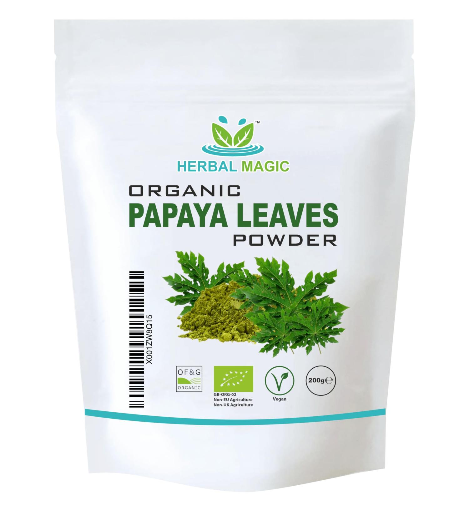 Herbal Magic's Organic Papaya Leaf Powder (Carica Papaya)- Most Prized Herb in Ayurveda - Ideal for Smoothies Baking soups - Free from Fillers & Preservatives- One Pack of 200gms 100 g (Pack of 2) - Buy Online on GoSupps.com