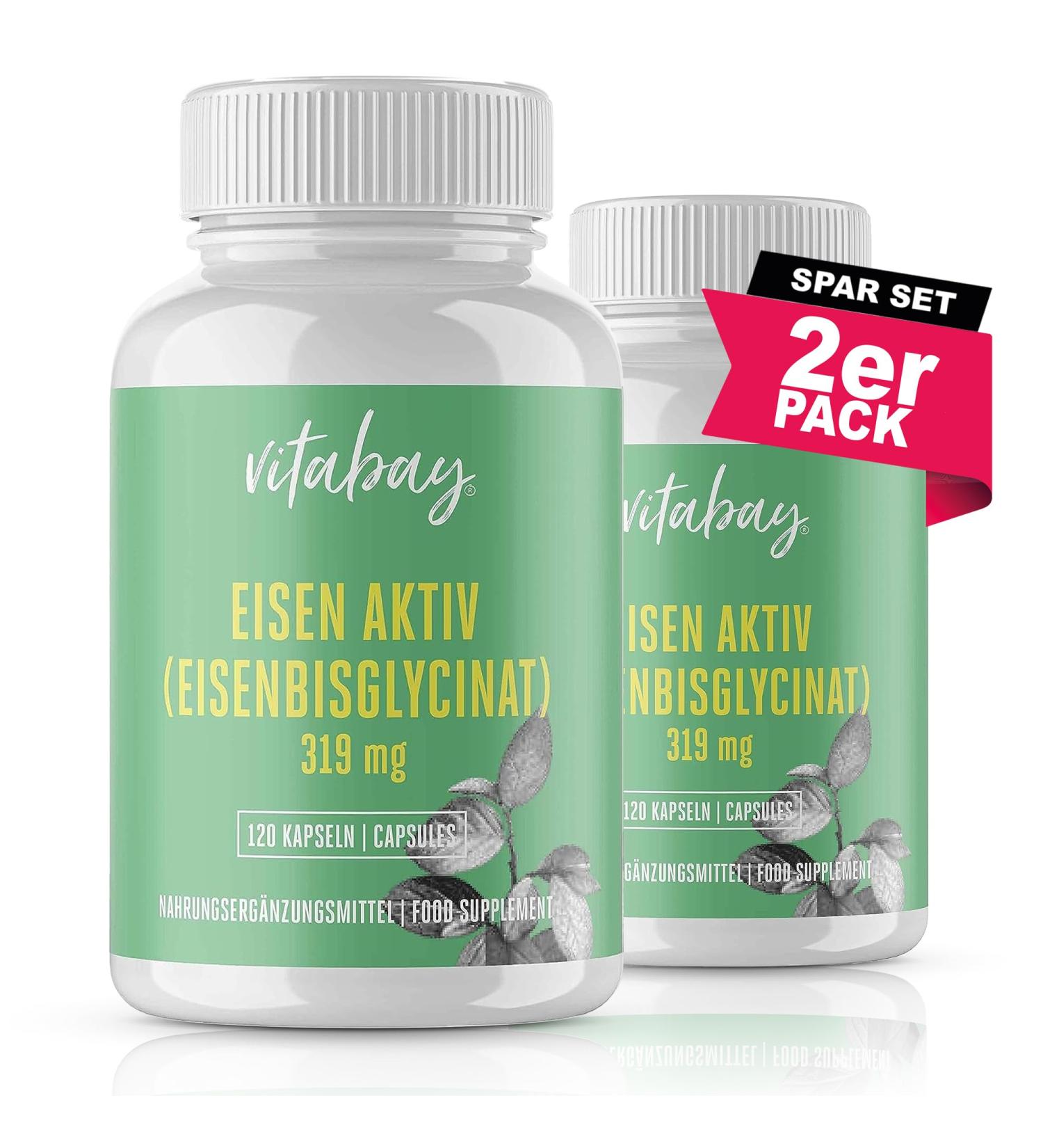 VITABAY High-Dose Vegan Iron Capsules - 240mg Iron Bisglycinate - Natural Iron Supplement - 2 Sets of 120 Tablets - International Shipping Available - Buy Online on GoSupps.com