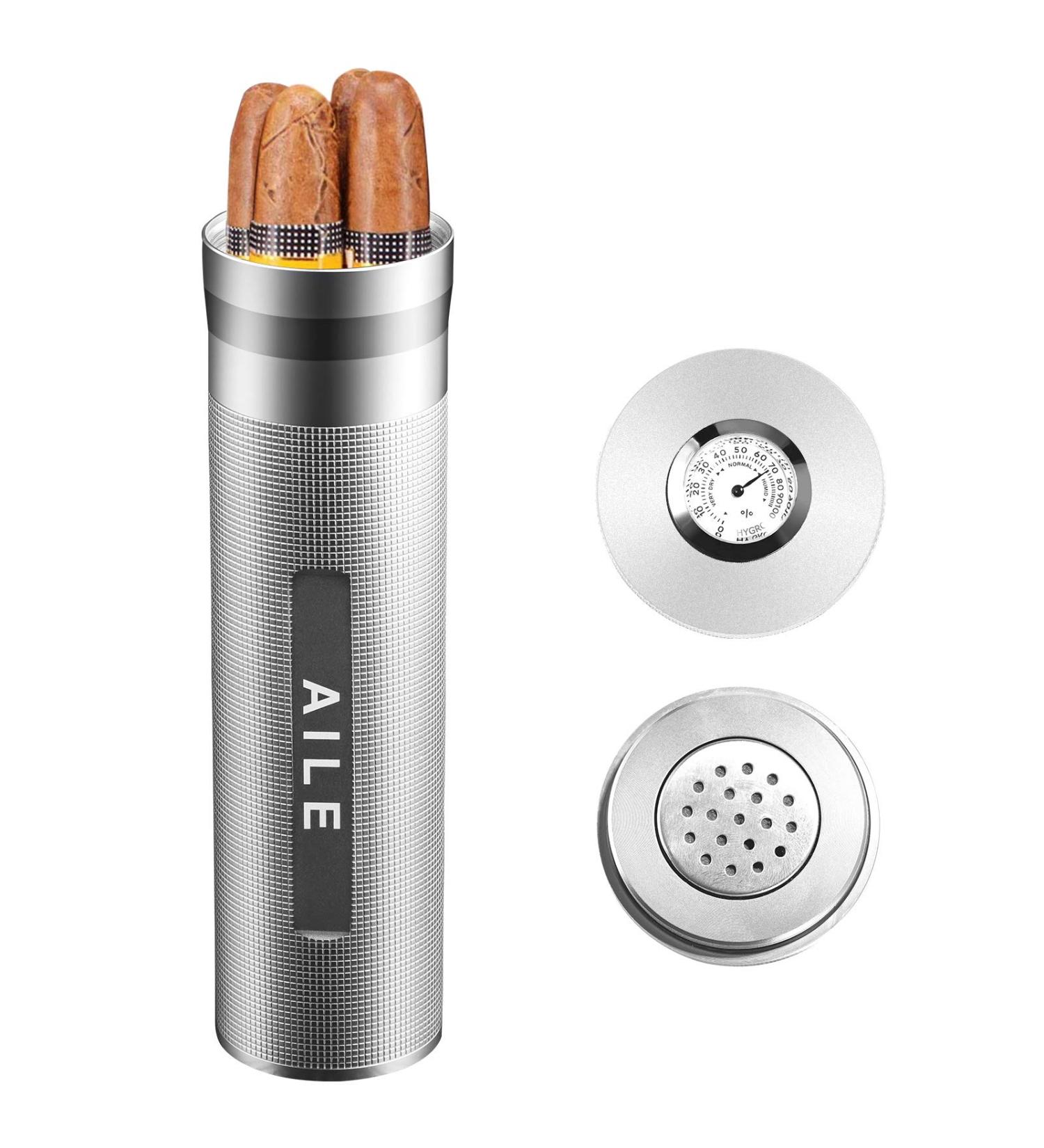 AILE Stainless Cigar humidor Travel Cigar case Silver Travel Cigar case Tube for 3 to 4 Cigars Portable Cigar case Cigar Hygrometer Gift for man - Buy Online on GoSupps.com