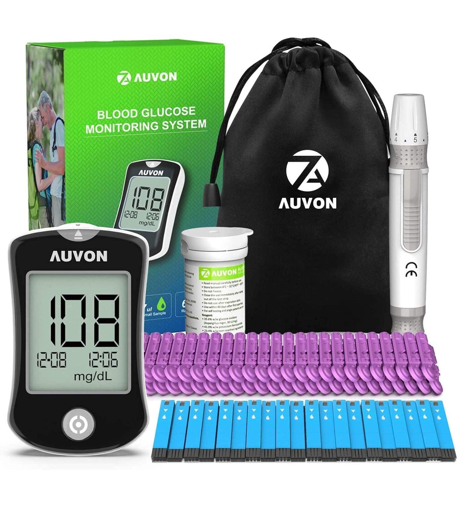 AUVON Blood Glucose Monitor Kit - High Accuracy Blood Sugar Test Kit + 50 Strips, 50 Lancets, 1 Lancing Device - I-QARE DS-W Diabetes Testing Kit - Buy Online on GoSupps.com