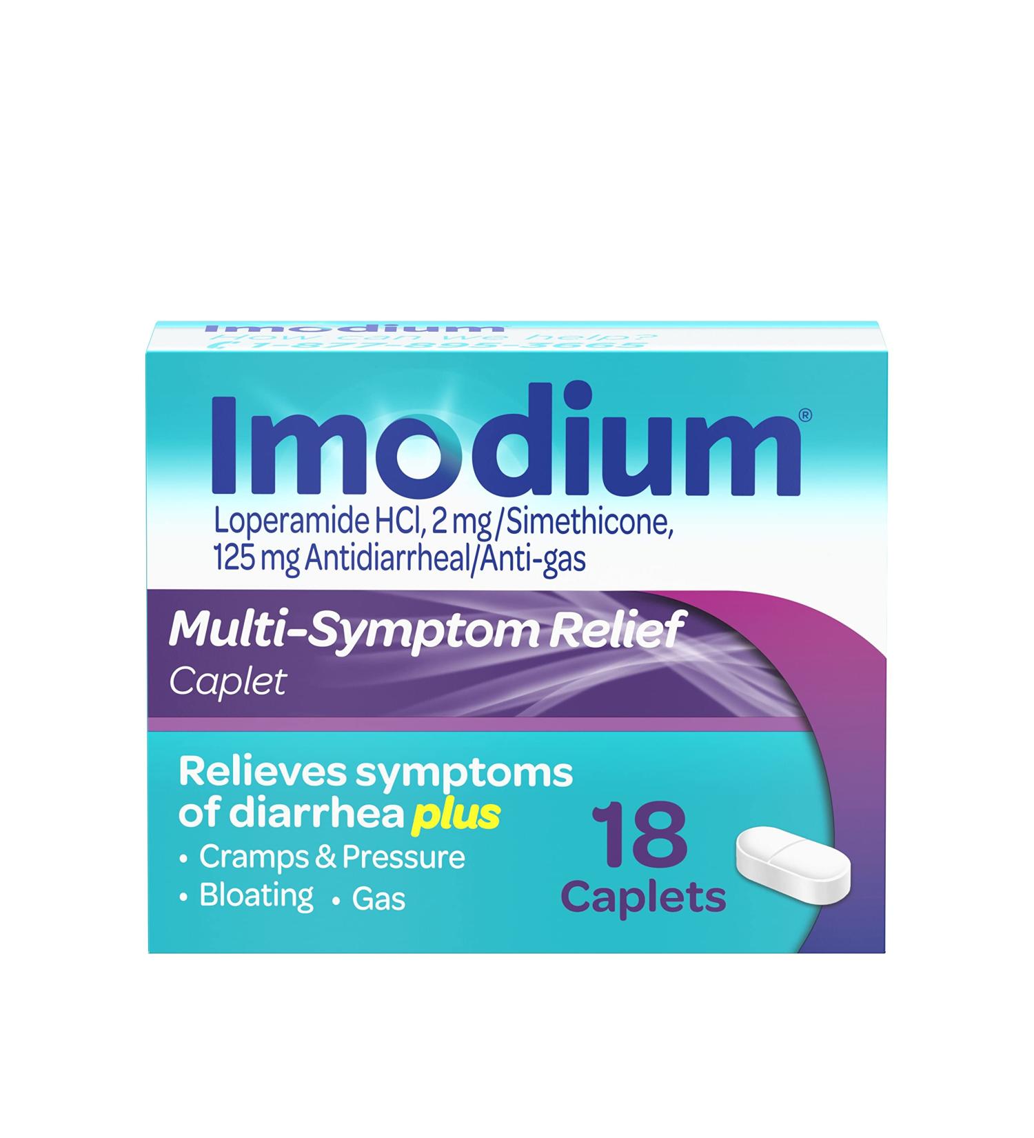 Imodium Multi-Symptom Relief Caplets - 18 ct Anti-Diarrheal Meds with Loperamide Hydrochloride and Simethicone for Diarrhea, Gas, Bloating, Cramps - Buy Online on GoSupps.com
