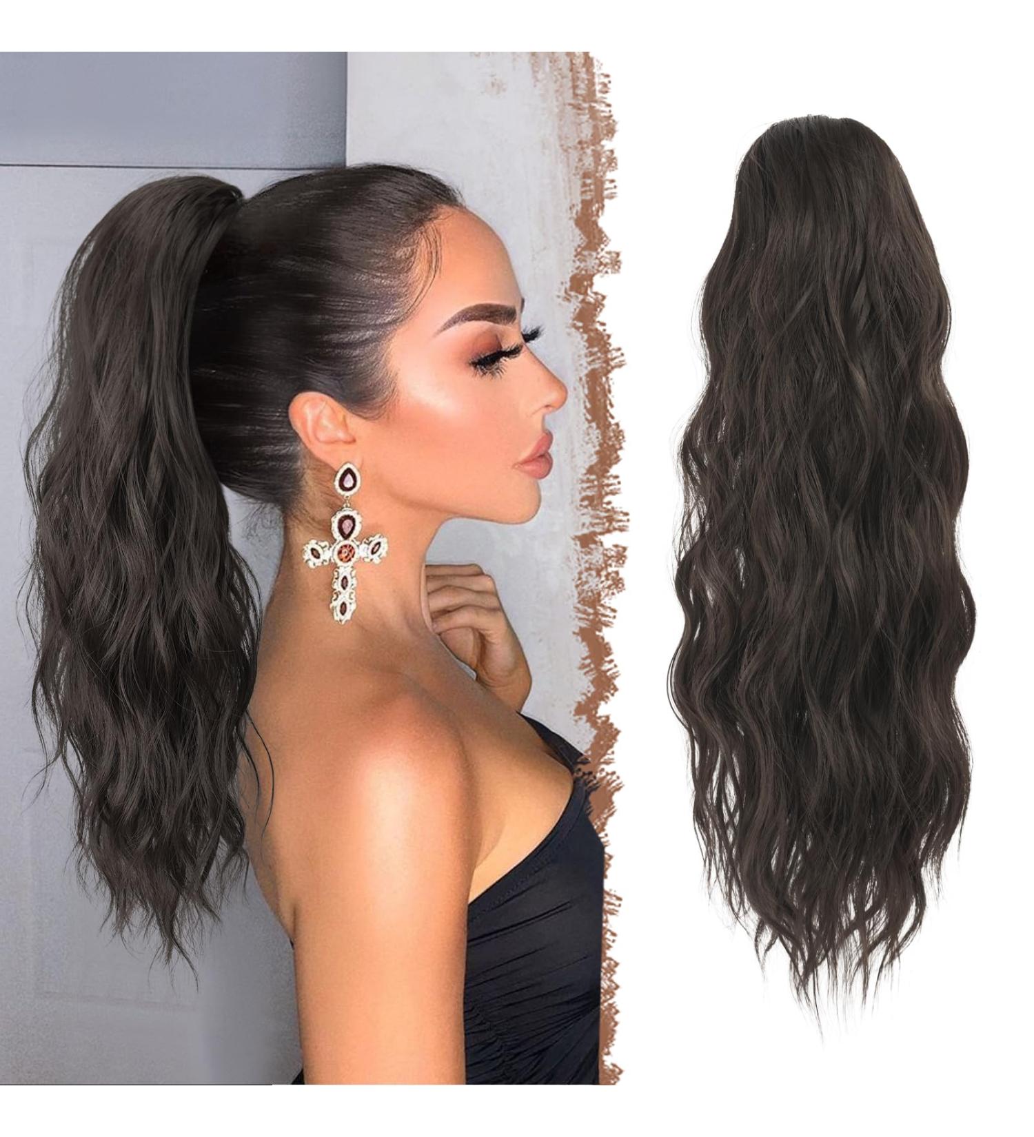 FESHFEN Dark Brown Drawstring Ponytail Extension 18 inch | Curly Wavy Synthetic Hair Piece for Women - Buy Online on GoSupps.com
