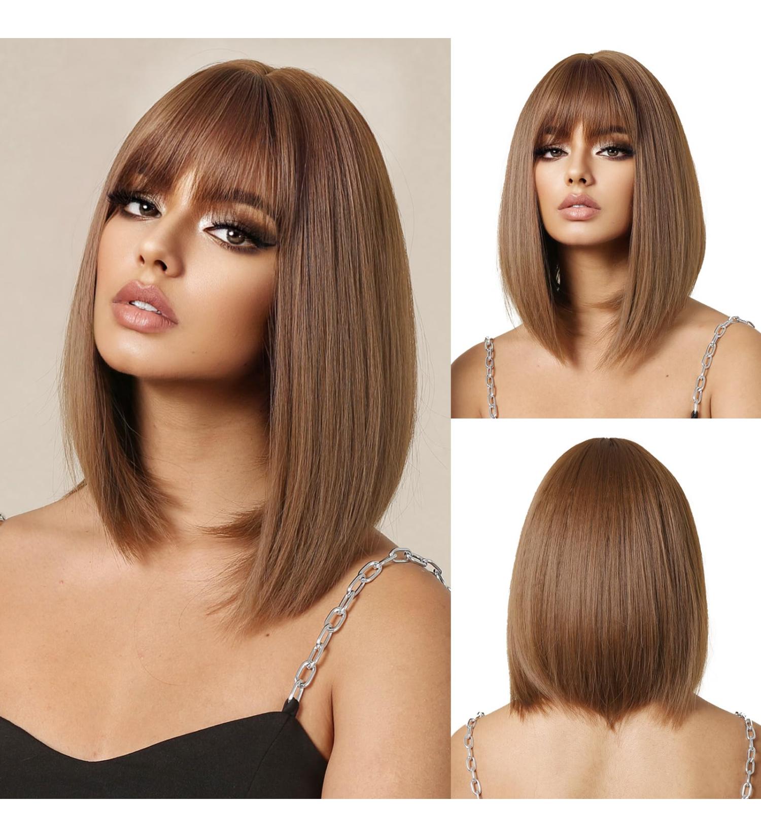 OUFEI Brown Bob Wig with Bangs - Short Synthetic Hair Wig for Women | Perfect for Daily Wear, Parties, and Cosplay - Buy Online on GoSupps.com