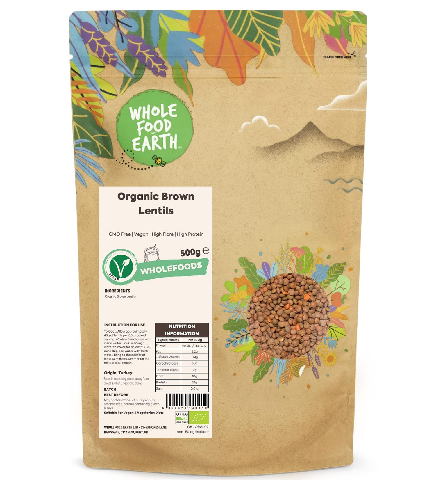 Wholefood Earth Organic Brown Lentils 500g GMO Free | Vegan | High Fibre | High Protein | Certified Organic - Buy Online on GoSupps.com