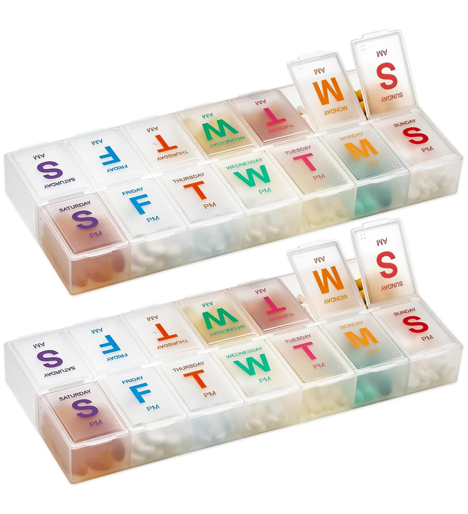 Large Weekly Pill Organizer (2 Pack) - XL AM PM Pill Box with Braille & Glow in the Dark - Easy to Read 7 Day Medication Case for Pills & Supplements - Buy Online on GoSupps.com